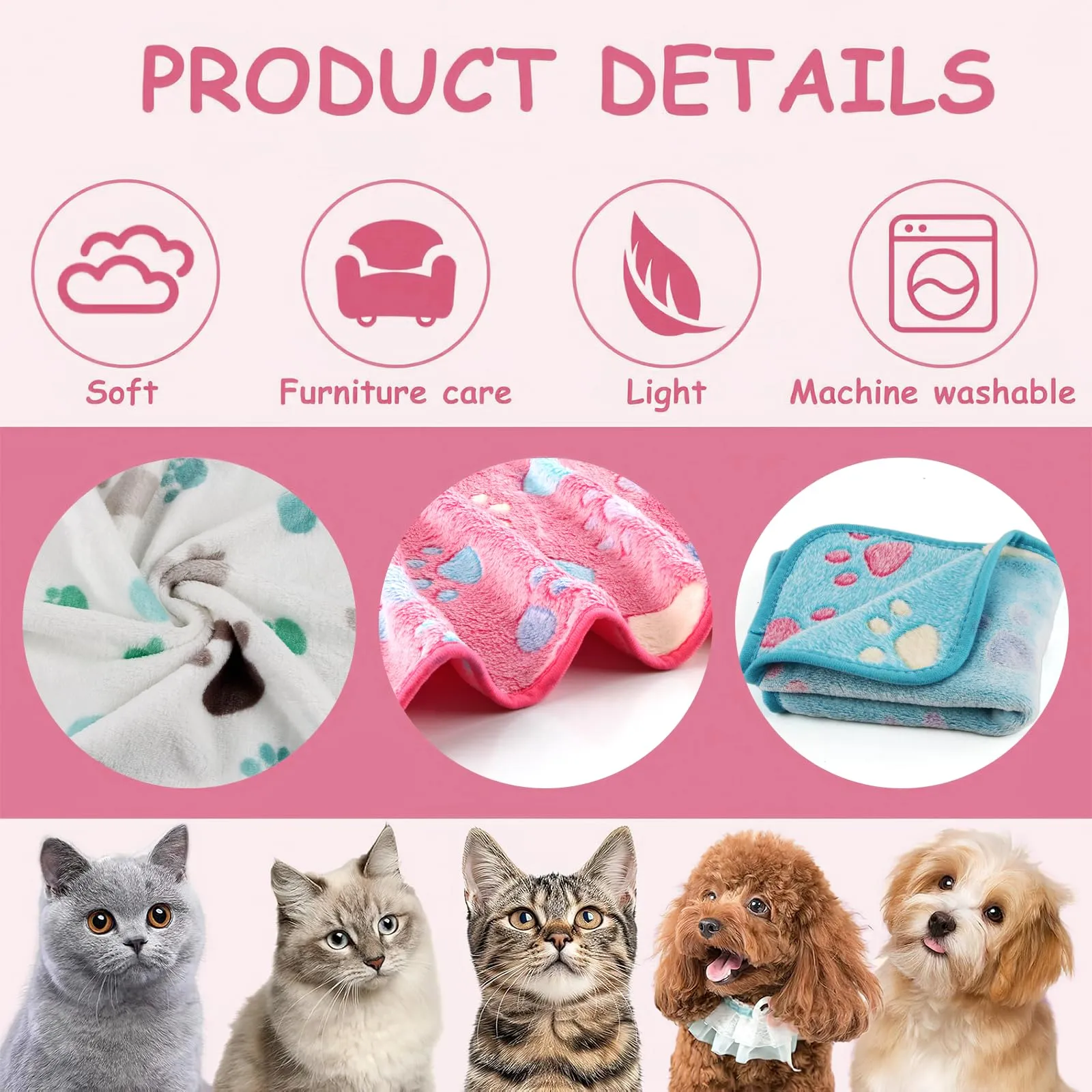 CIYIN 3 Pezzi Coperta Cane, Copertina per Animali,Copertina Cane Lavabile,Animali Domestici Coper tina Gatto,Coper tina per Cani Gatti Piccola e Media Taglia (Bianco, rosa, blu, 76x52cm) - immagine 3