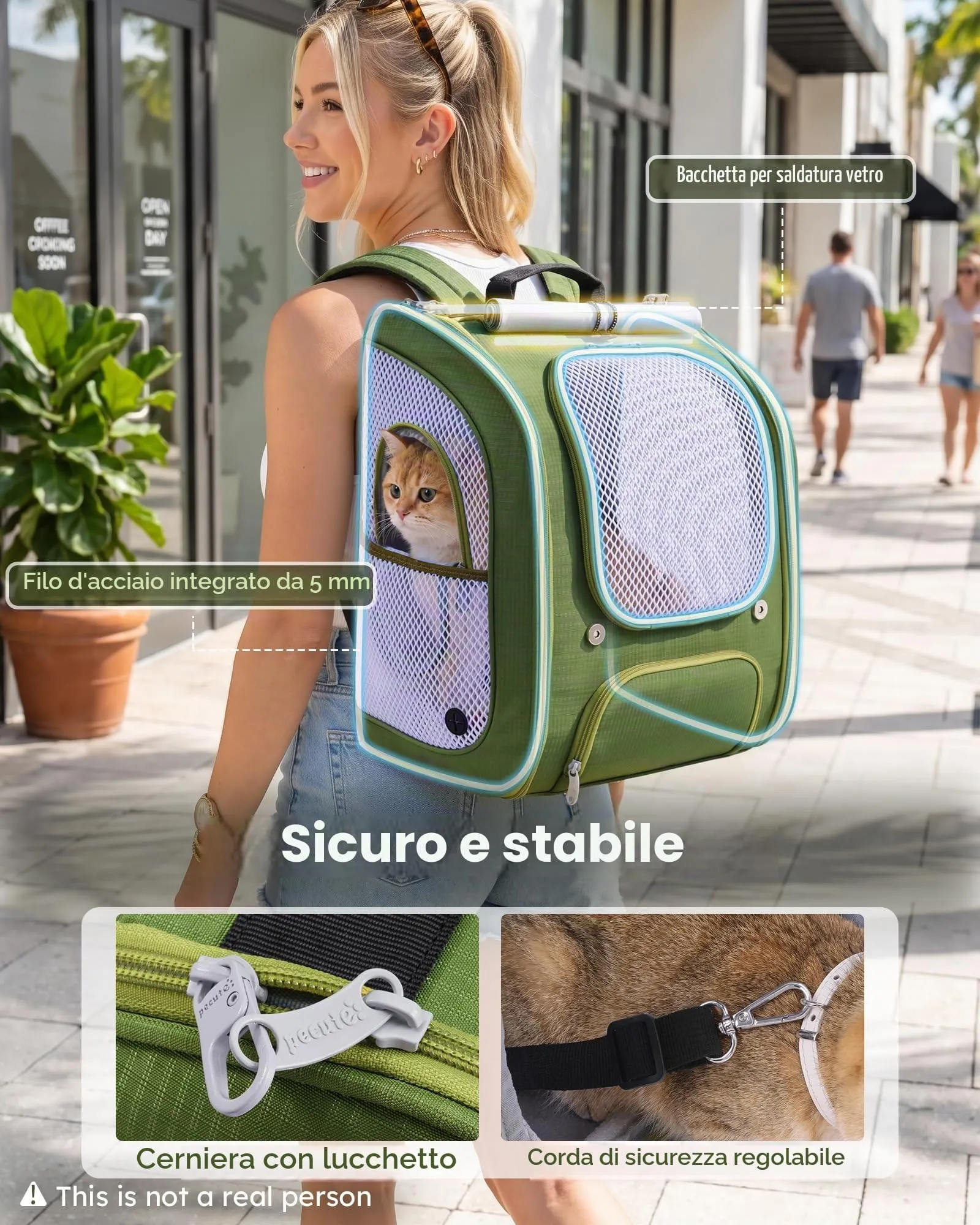 Pecute Zaino per gatti, spazioso e traspirante, verde - immagine 2