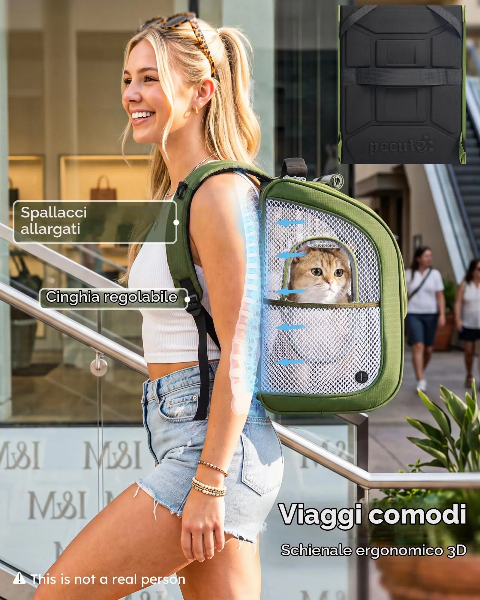 Pecute Zaino per gatti, spazioso e traspirante, verde - immagine 4