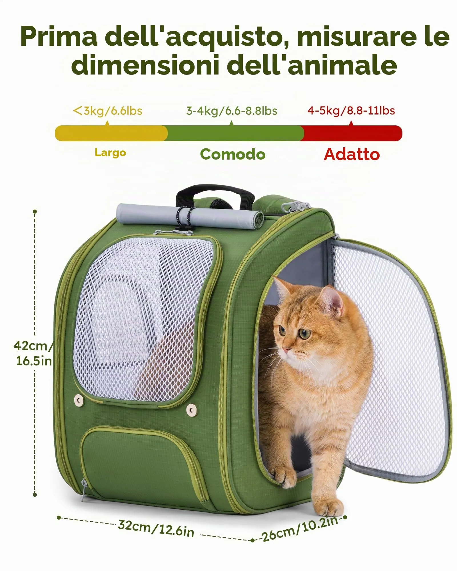 Pecute Zaino per gatti, spazioso e traspirante, verde - immagine 9