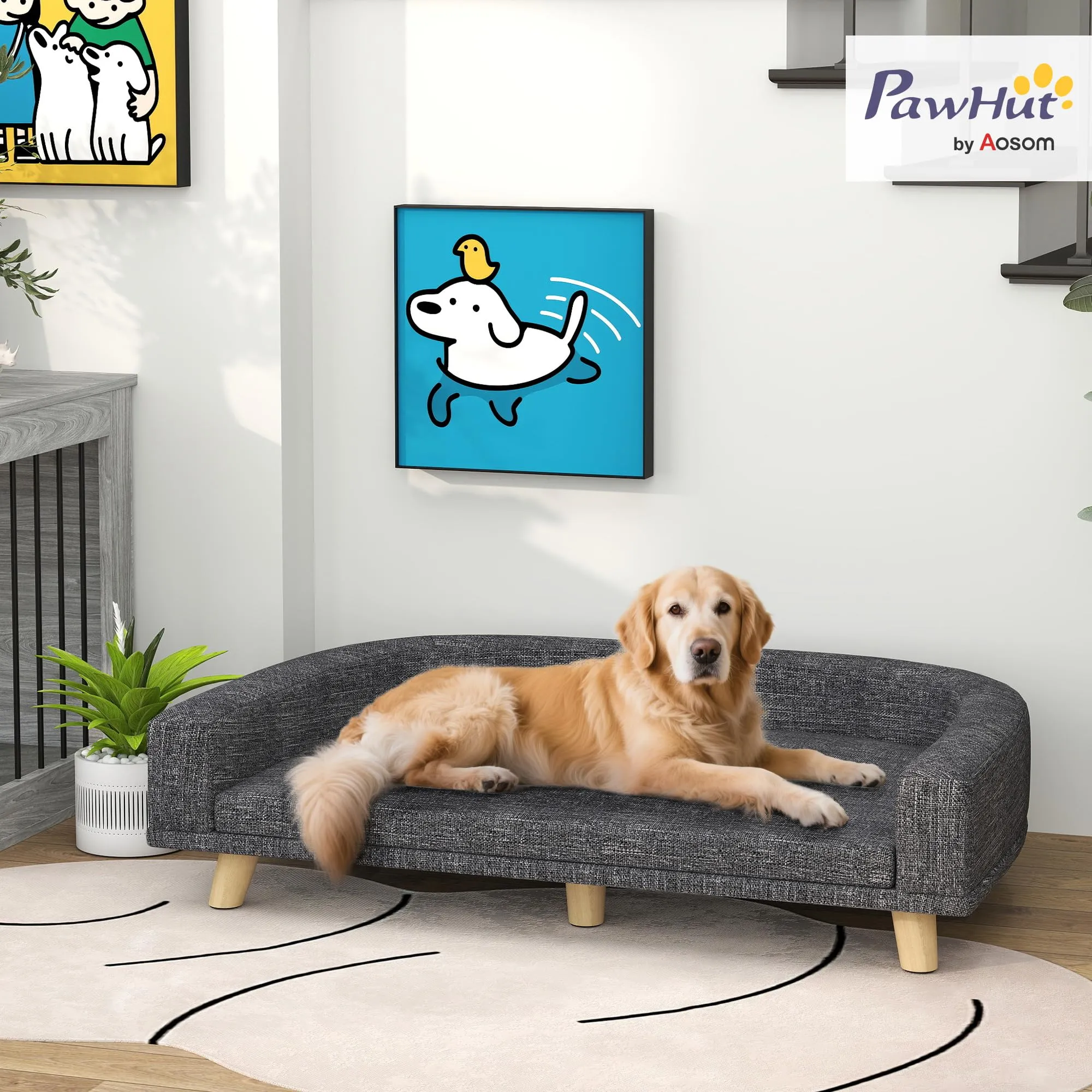 PawHut Divano per Cani Grande Gambe Rialzate 98x67x25 cm Grigio Scuro - immagine 2