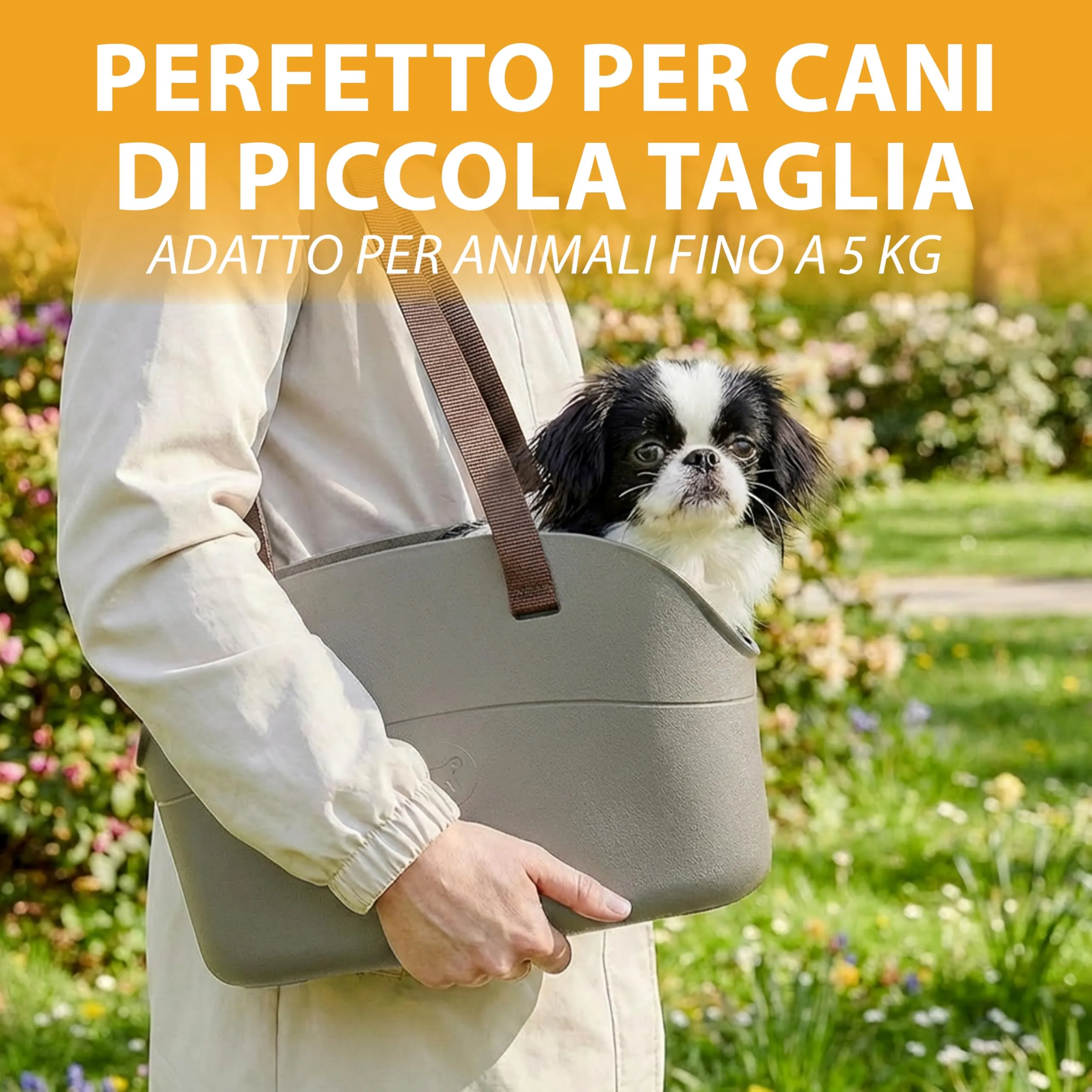 Ferplast Borsa per Cani fino a 5 Kg. Trasportino Gatti in Plastica Gommata, Impermeabile e Lavabile, Manici Regolabili, Cinghia di sicurezza, 35 x 14 x h 22 cm. Tortora - immagine 6