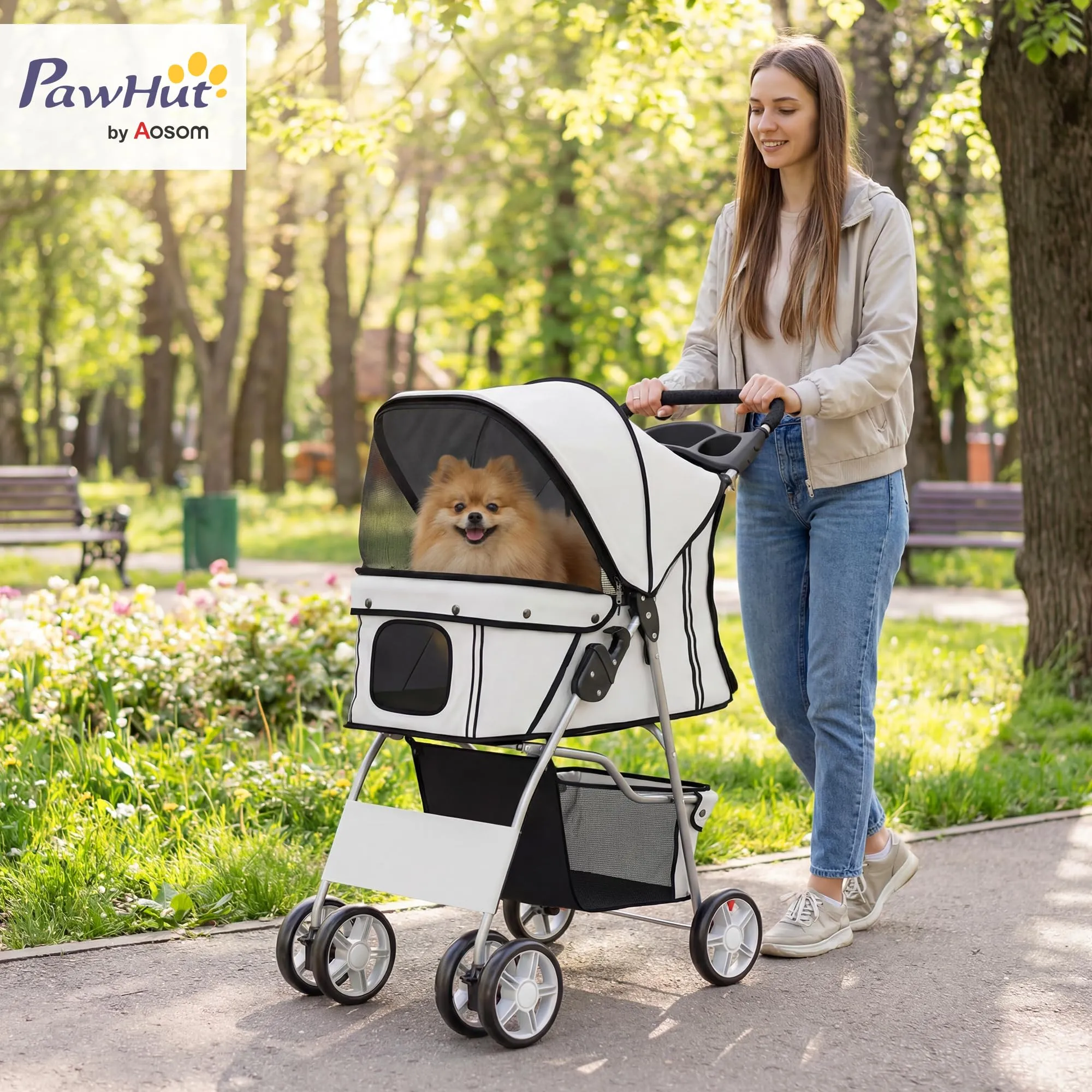 PawHut Passeggino per Cani Pieghevole Carrello per Animali Domestici Carrello Carrozzina Grigio 75 x 45 x 97cm - immagine 2