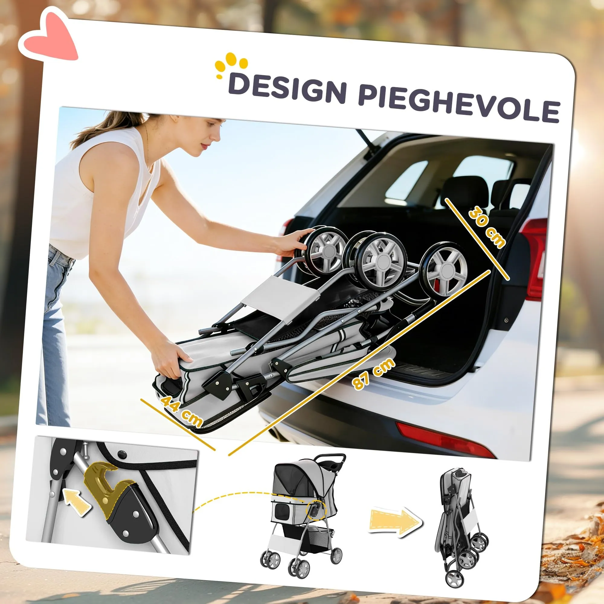 PawHut Passeggino per Cani Pieghevole Carrello per Animali Domestici Carrello Carrozzina Grigio 75 x 45 x 97cm - immagine 5