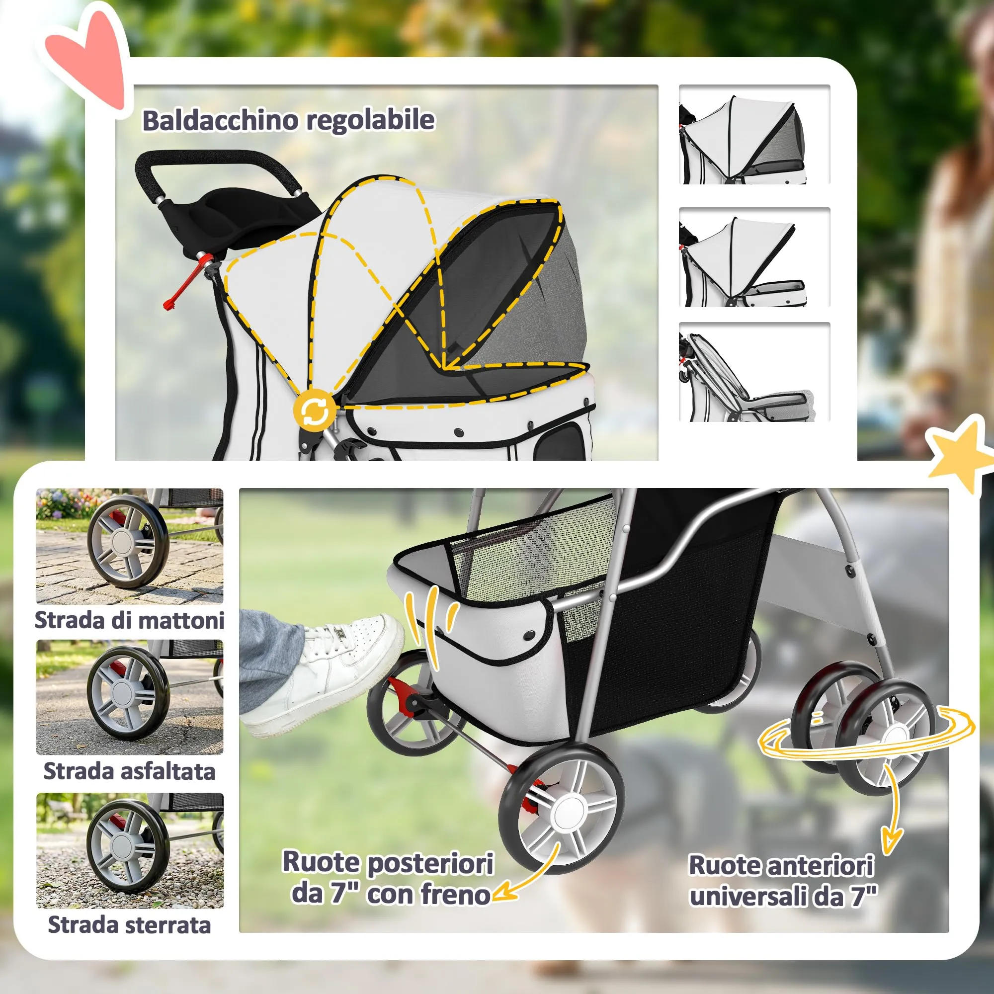 PawHut Passeggino per Cani Pieghevole Carrello per Animali Domestici Carrello Carrozzina Grigio 75 x 45 x 97cm - immagine 6