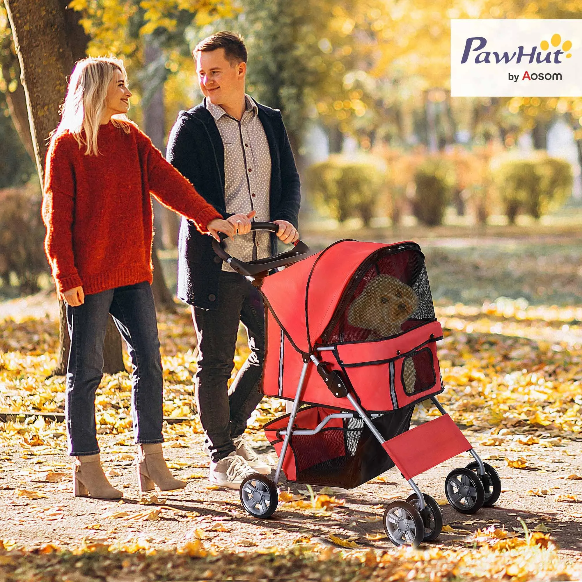 PawHut Passeggino per Cani Fino a 10 kg, Carrello Pieghevole per Animali Domestici Carrello Carrozzina, 75x45x97 cm, Rosso - immagine 2