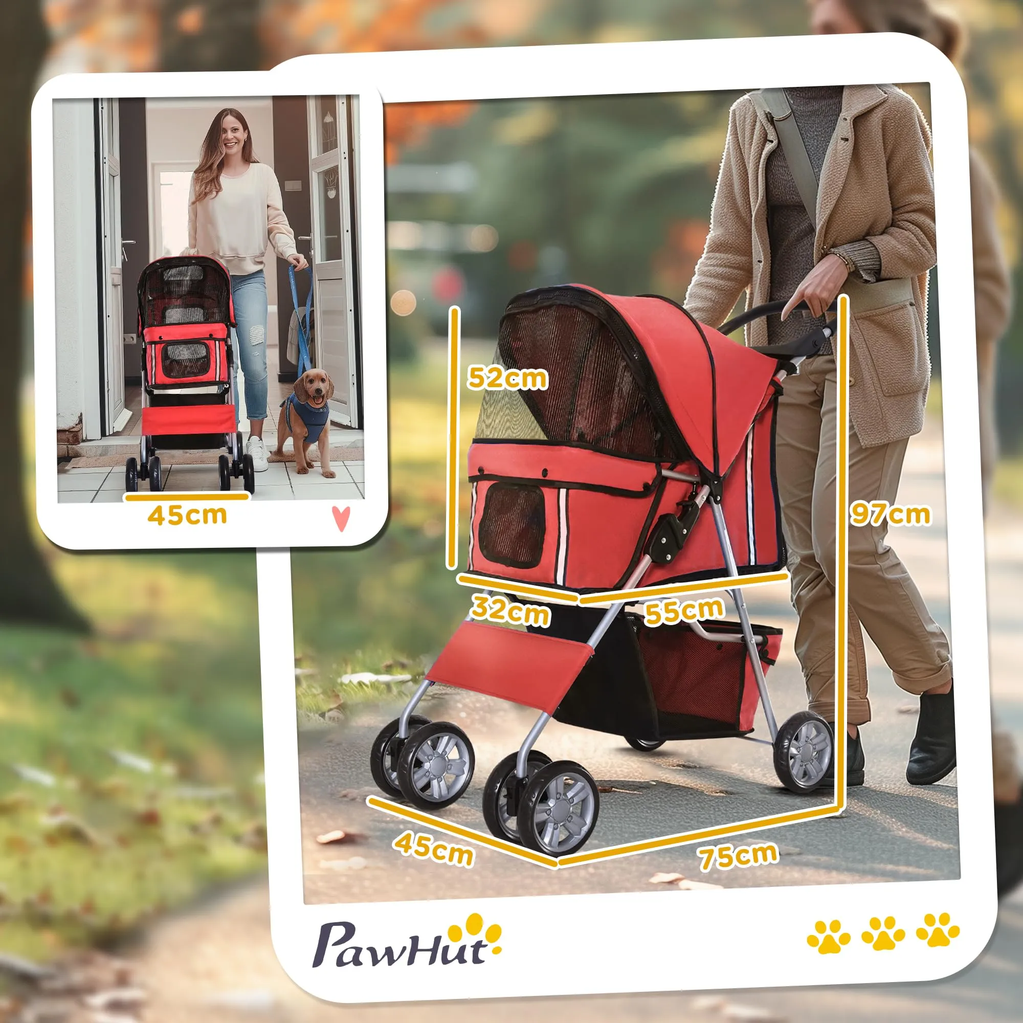 PawHut Passeggino per Cani Fino a 10 kg, Carrello Pieghevole per Animali Domestici Carrello Carrozzina, 75x45x97 cm, Rosso - immagine 3