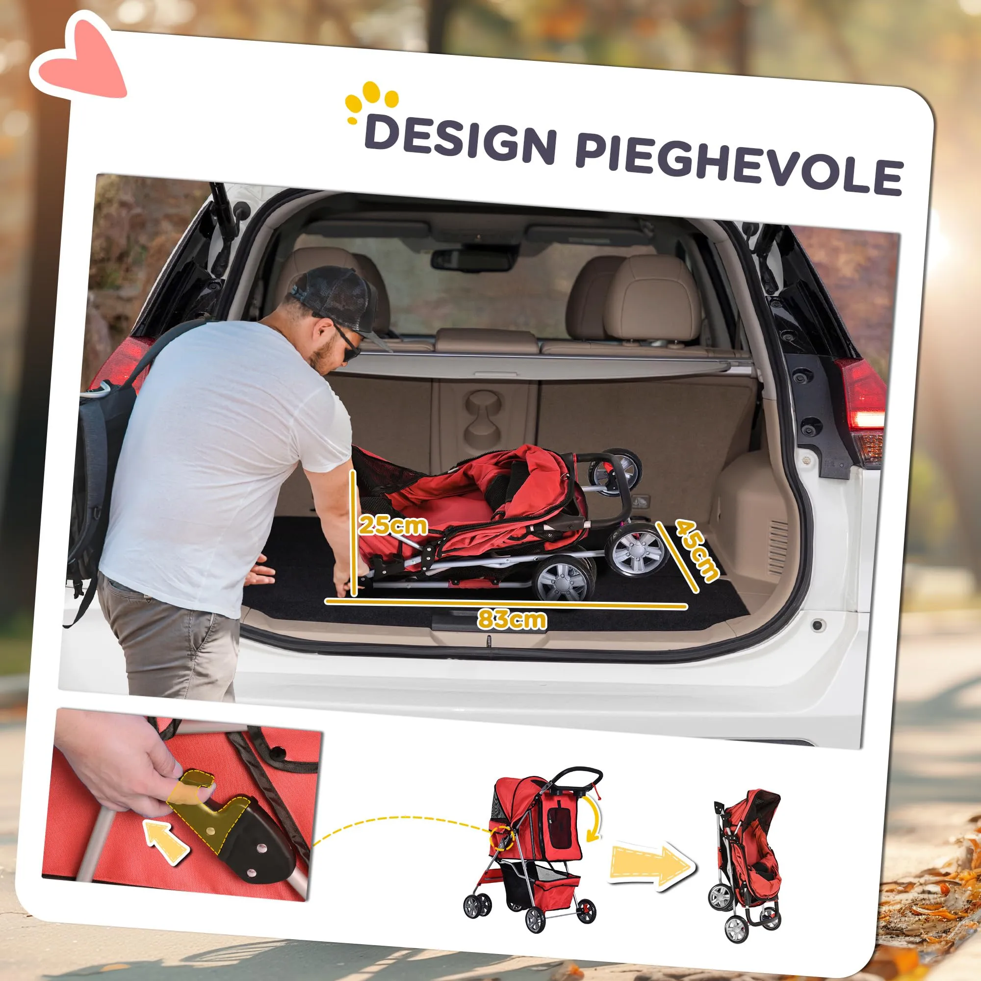 PawHut Passeggino per Cani Fino a 10 kg, Carrello Pieghevole per Animali Domestici Carrello Carrozzina, 75x45x97 cm, Rosso - immagine 5
