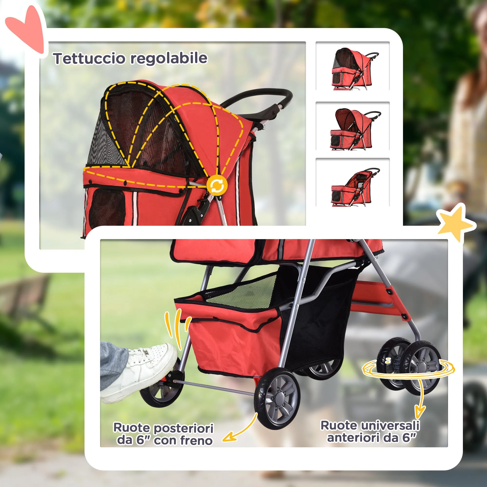 PawHut Passeggino per Cani Fino a 10 kg, Carrello Pieghevole per Animali Domestici Carrello Carrozzina, 75x45x97 cm, Rosso - immagine 6