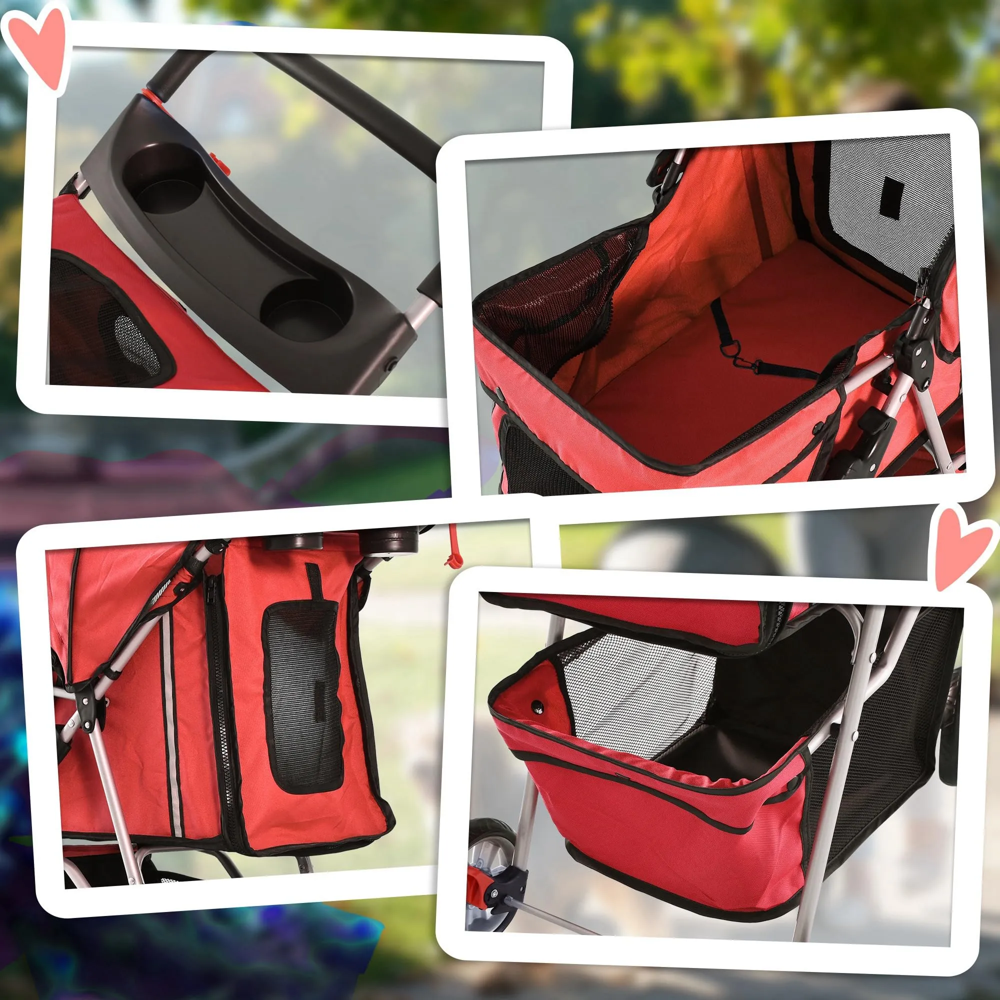 PawHut Passeggino per Cani Fino a 10 kg, Carrello Pieghevole per Animali Domestici Carrello Carrozzina, 75x45x97 cm, Rosso - immagine 8