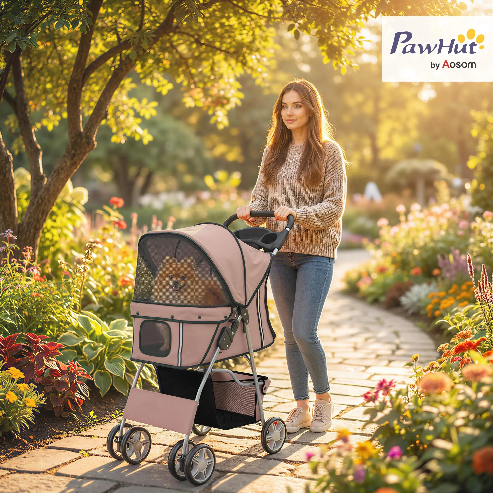 PawHut Passeggino per Cani Pieghevole Carrello per Animali Domestici Carrello Carrozzina Caffè 75 x 45 x 97cm - immagine 2