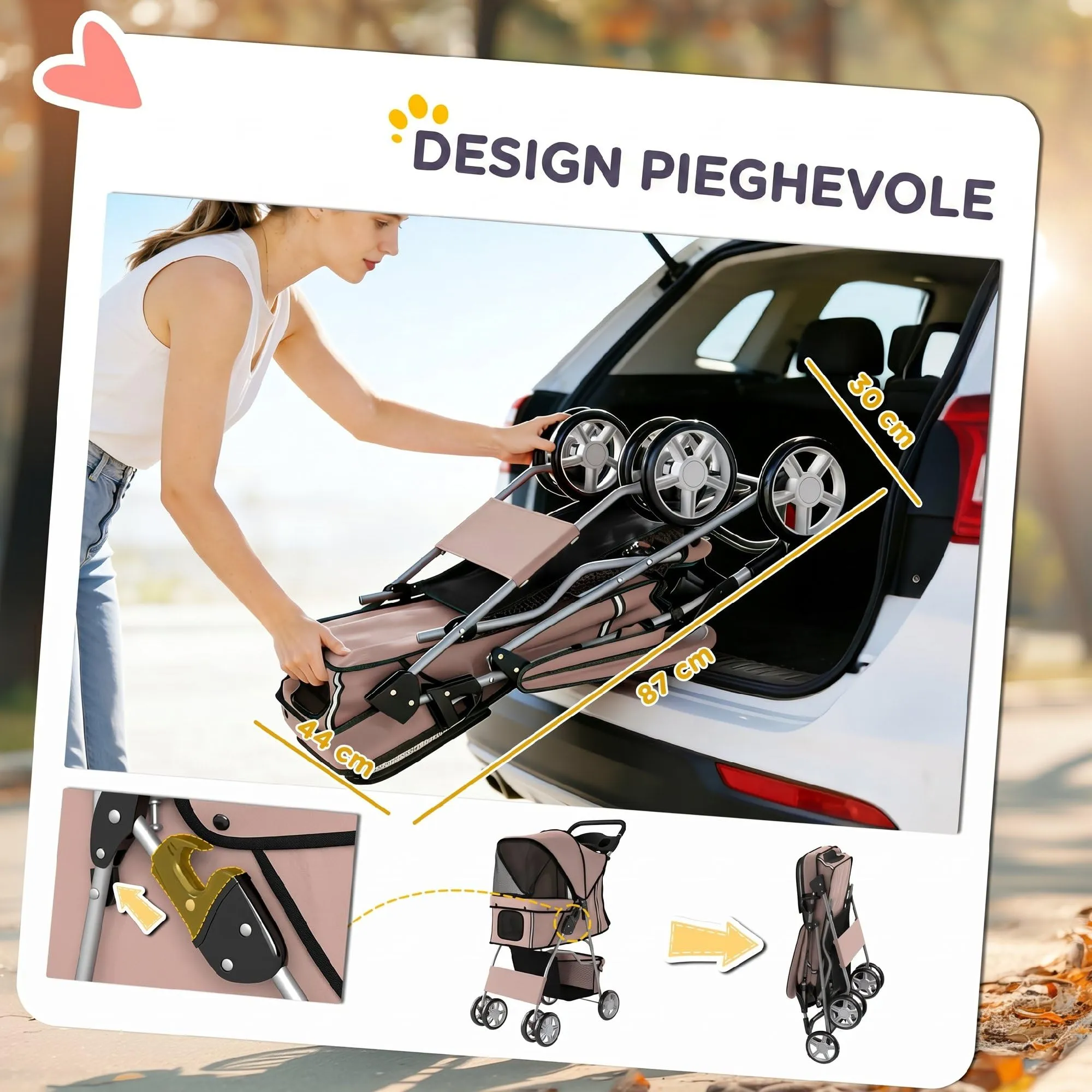 PawHut Passeggino per Cani Pieghevole Carrello per Animali Domestici Carrello Carrozzina Caffè 75 x 45 x 97cm - immagine 5