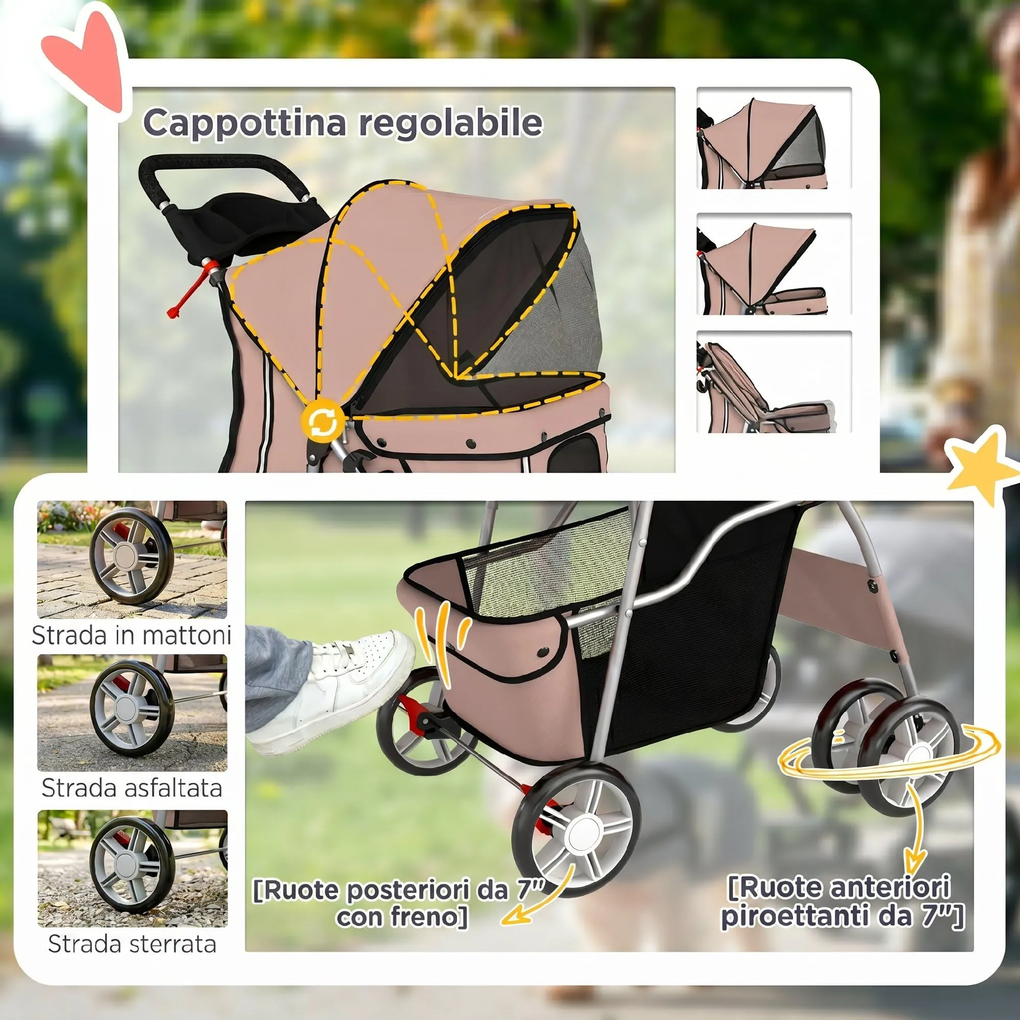 PawHut Passeggino per Cani Pieghevole Carrello per Animali Domestici Carrello Carrozzina Caffè 75 x 45 x 97cm - immagine 6