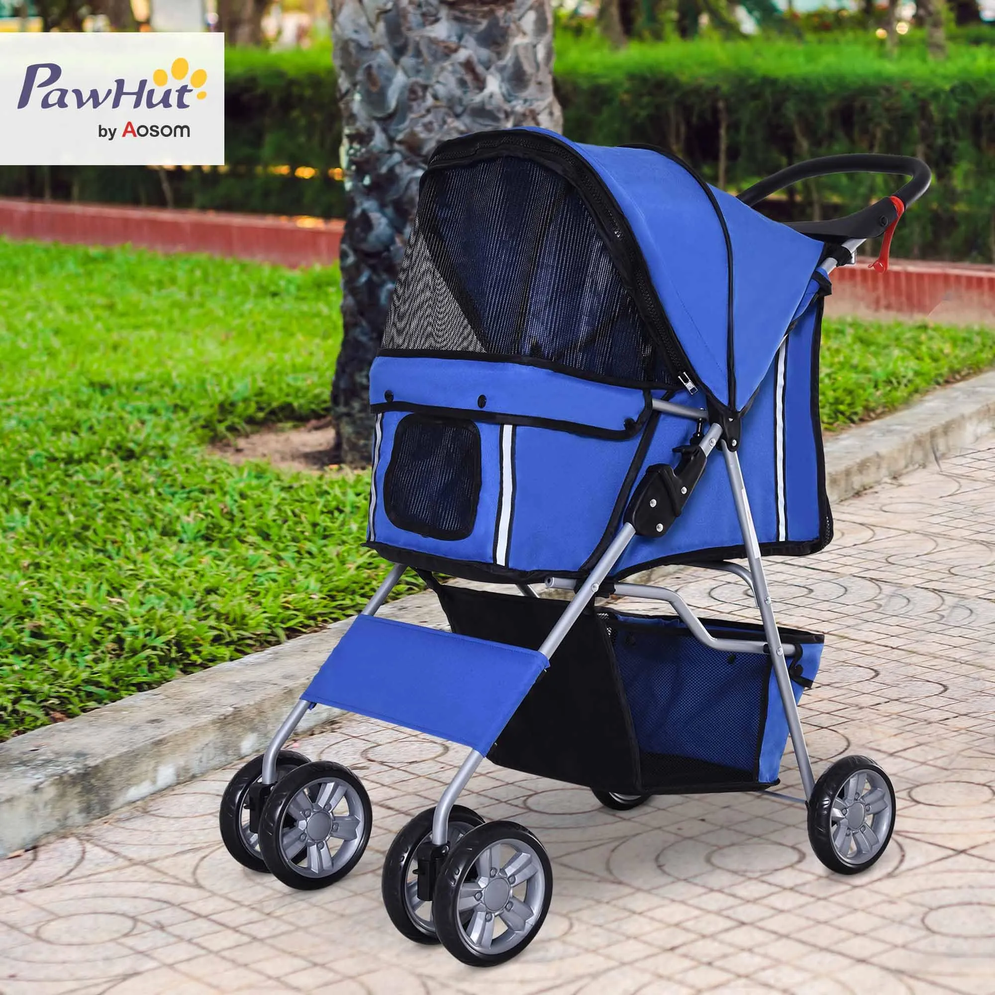 PawHut Passeggino per Cani Fino a 10 kg, Carrello Pieghevole per Animali Domestici Carrello Carrozzina, 75x45x97 cm, Blu - immagine 2