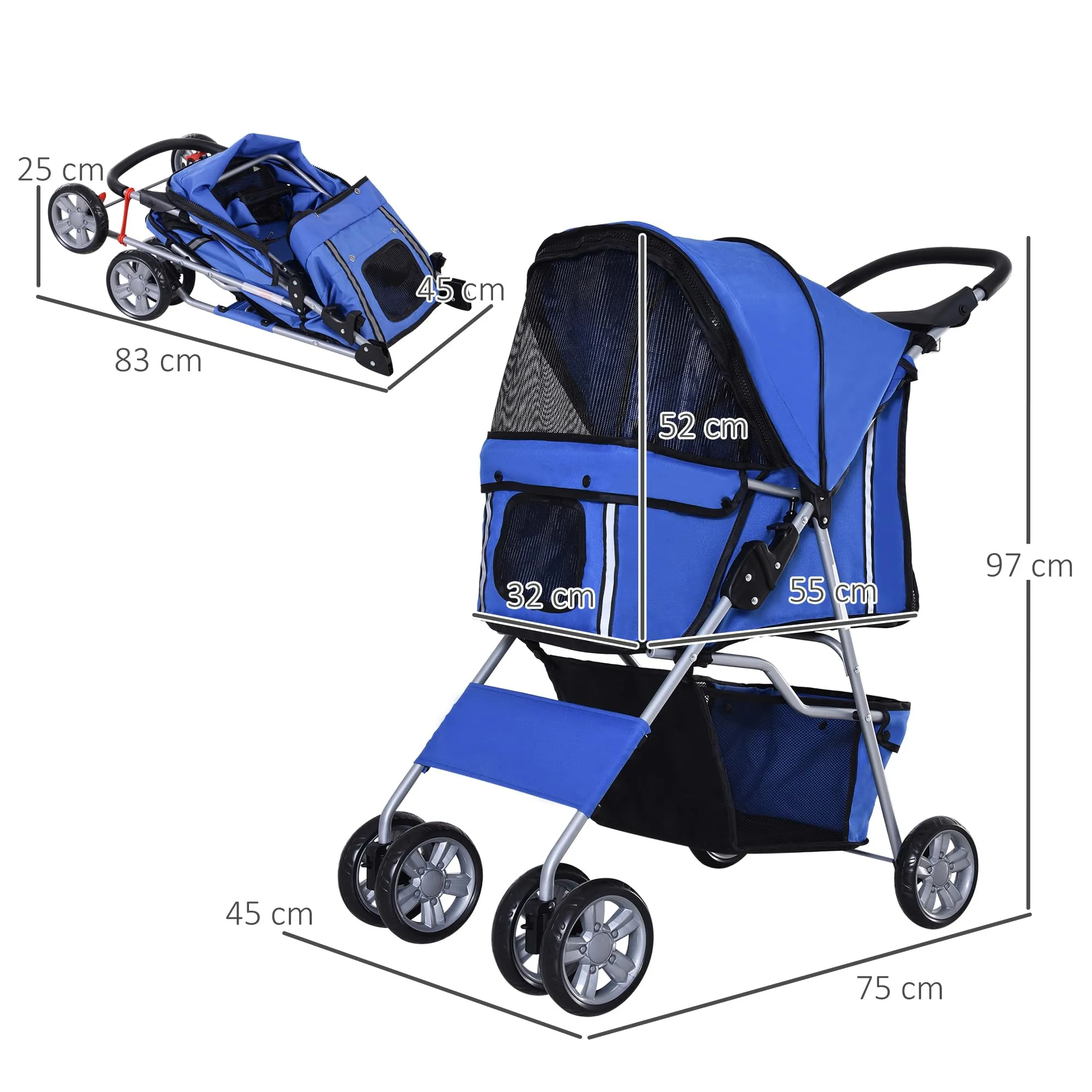 PawHut Passeggino per Cani Fino a 10 kg, Carrello Pieghevole per Animali Domestici Carrello Carrozzina, 75x45x97 cm, Blu - immagine 3