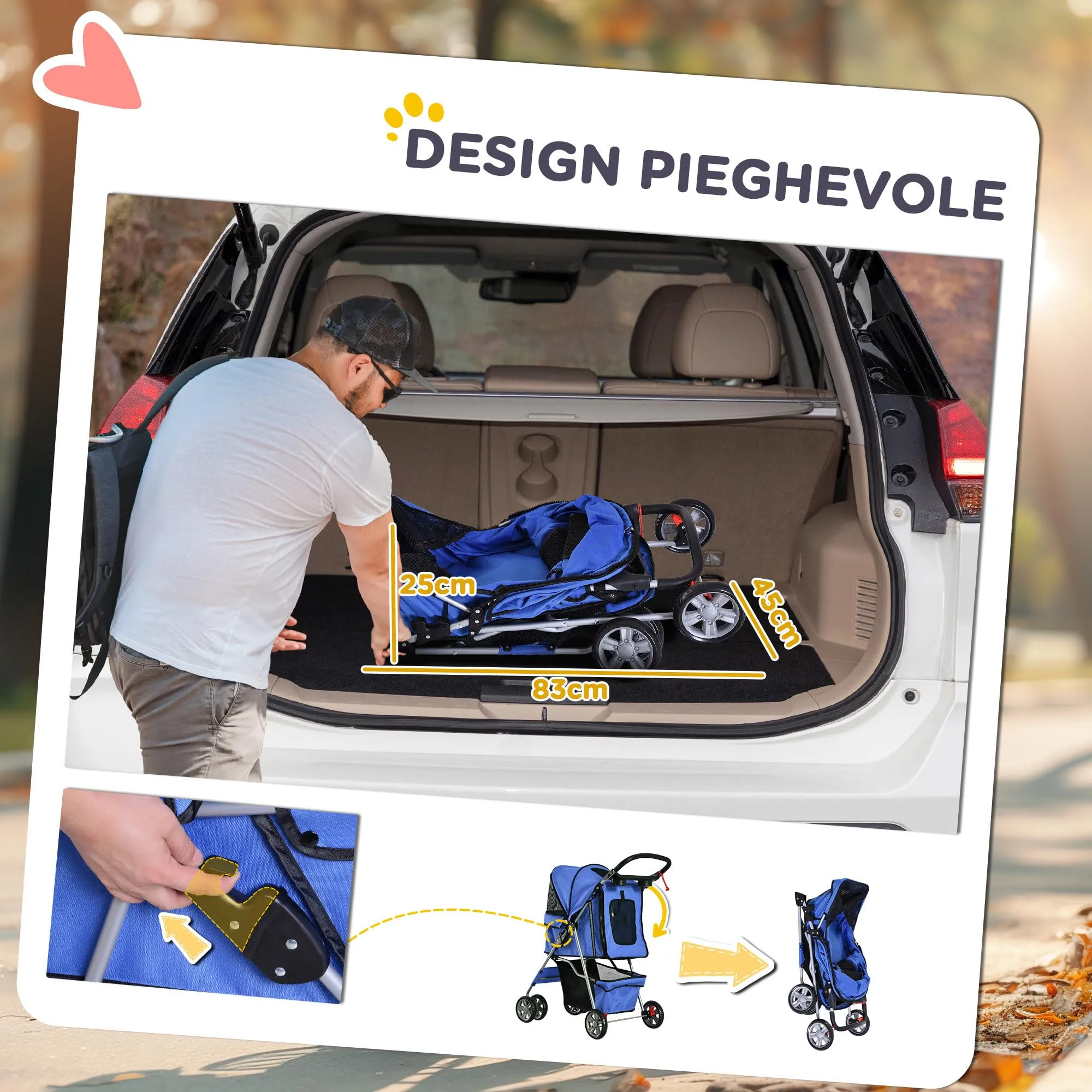 PawHut Passeggino per Cani Fino a 10 kg, Carrello Pieghevole per Animali Domestici Carrello Carrozzina, 75x45x97 cm, Blu - immagine 5