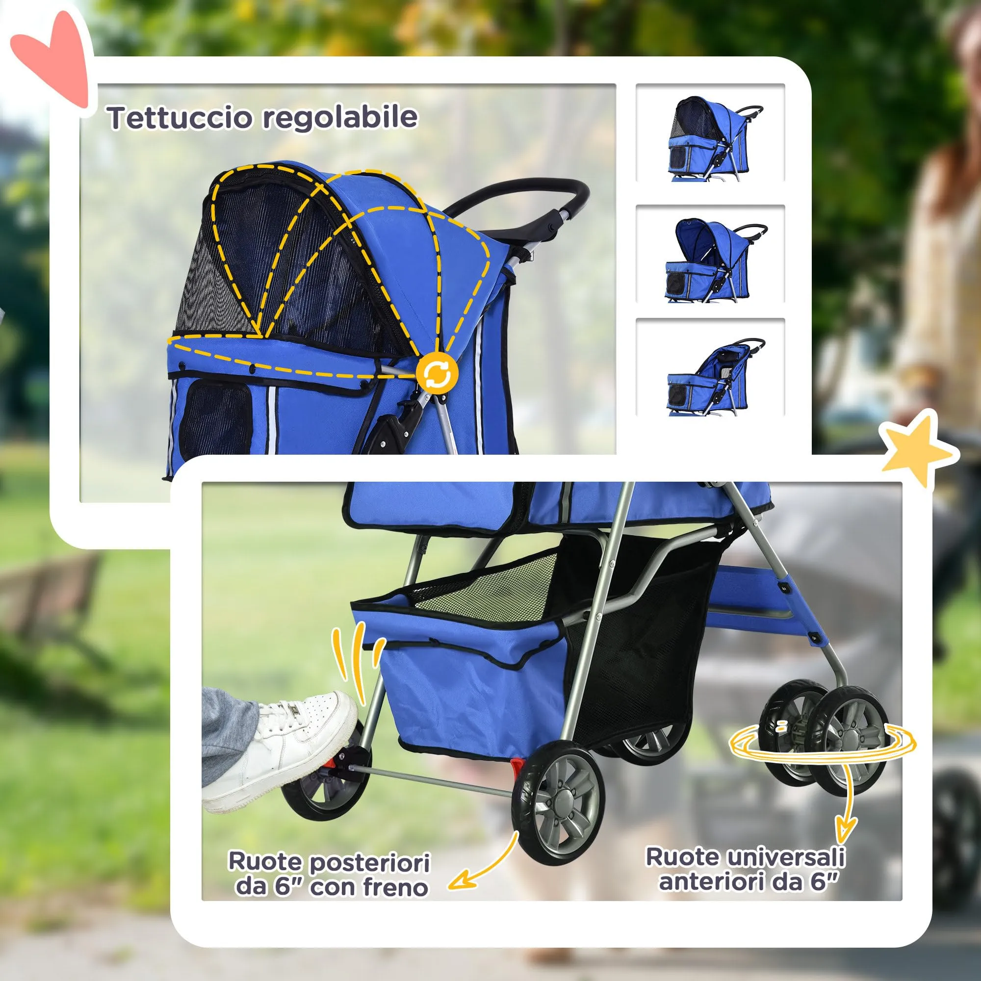 PawHut Passeggino per Cani Fino a 10 kg, Carrello Pieghevole per Animali Domestici Carrello Carrozzina, 75x45x97 cm, Blu - immagine 6