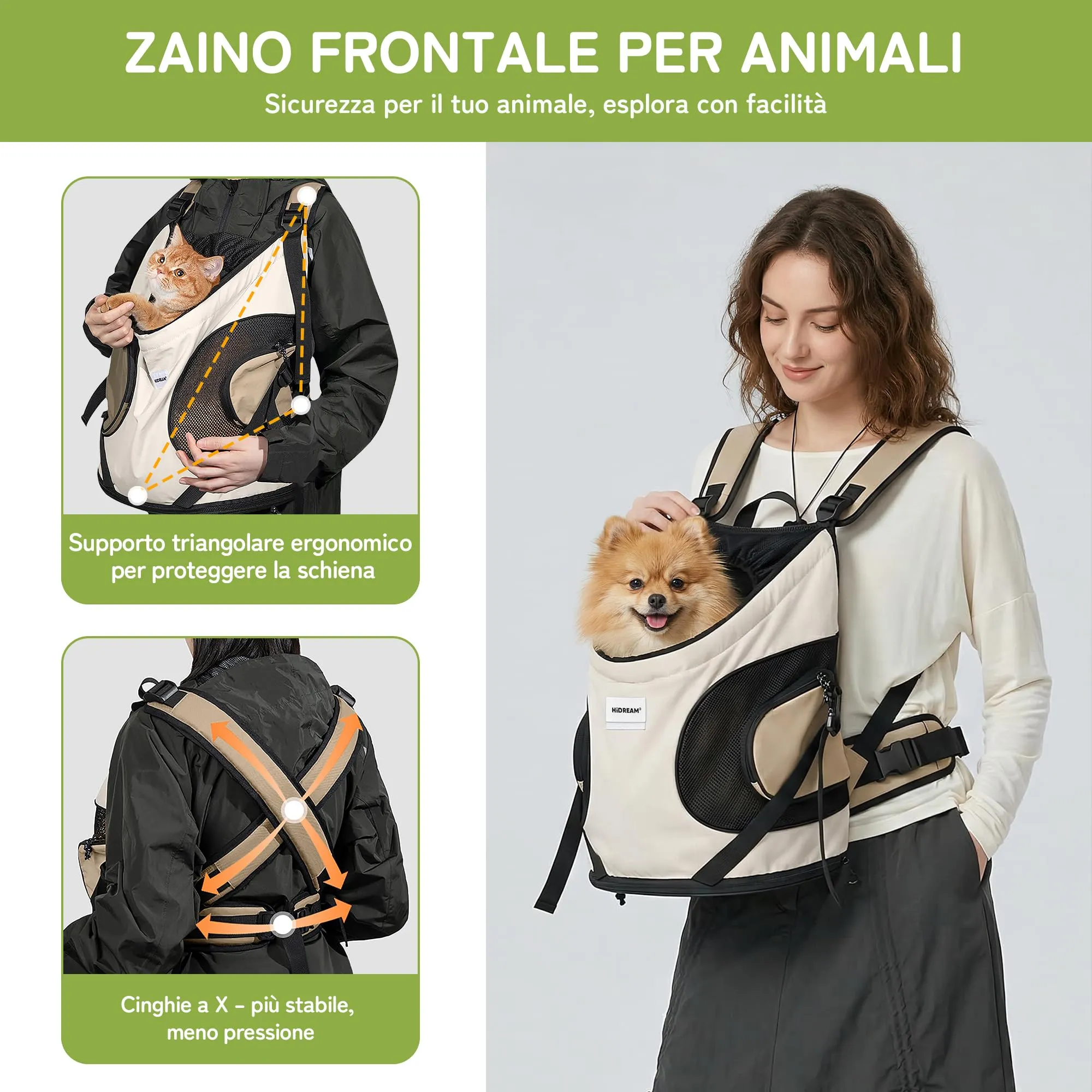 ALLSOPETS Zaino Frontale per Cani e Gatti, Porta Cane, Beige Crema - immagine 2
