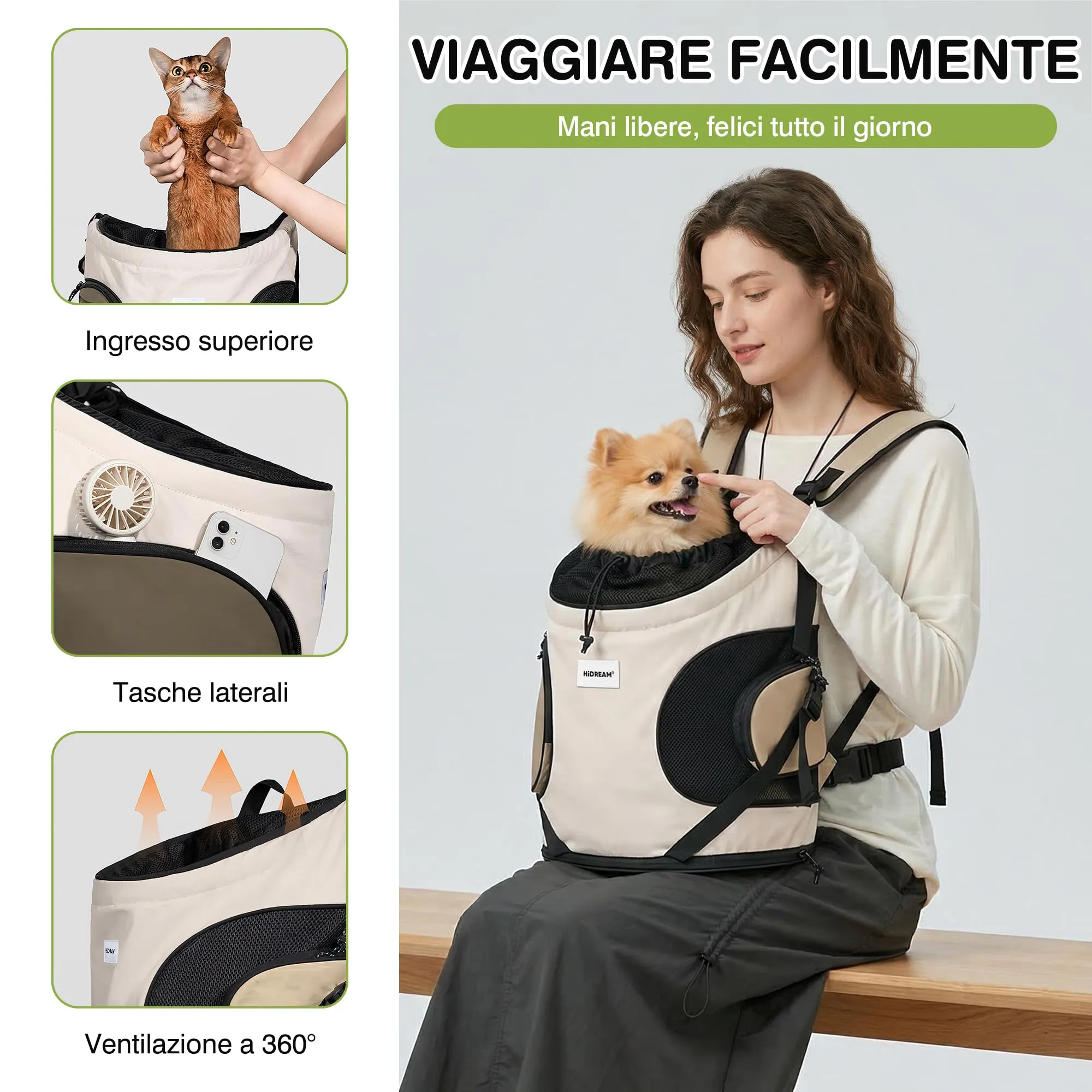 ALLSOPETS Zaino Frontale per Cani e Gatti, Porta Cane, Beige Crema - immagine 3