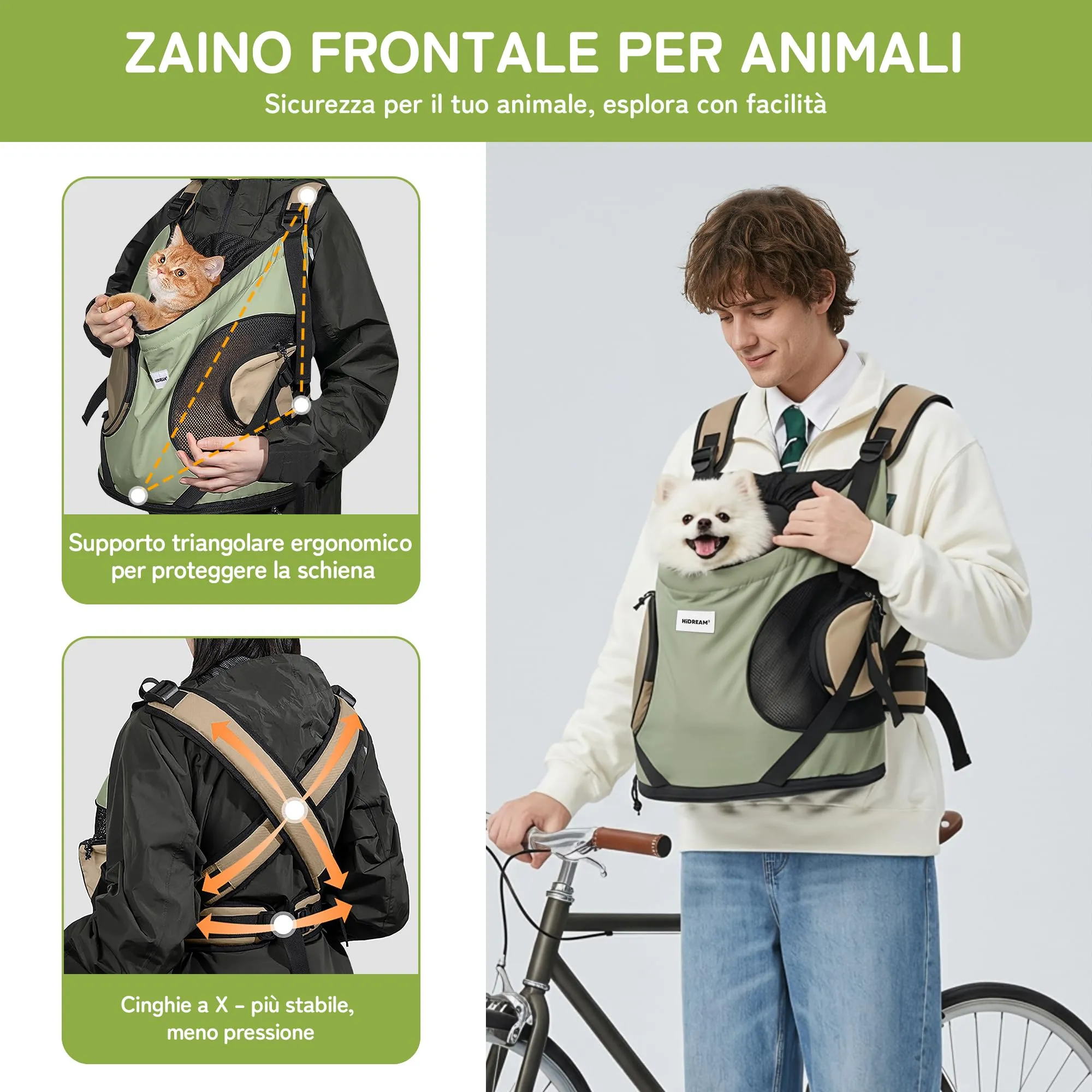 ALLSOPETS Zaino Frontale per Cani e Gatti, Porta Cane, Verde Oliva - immagine 2