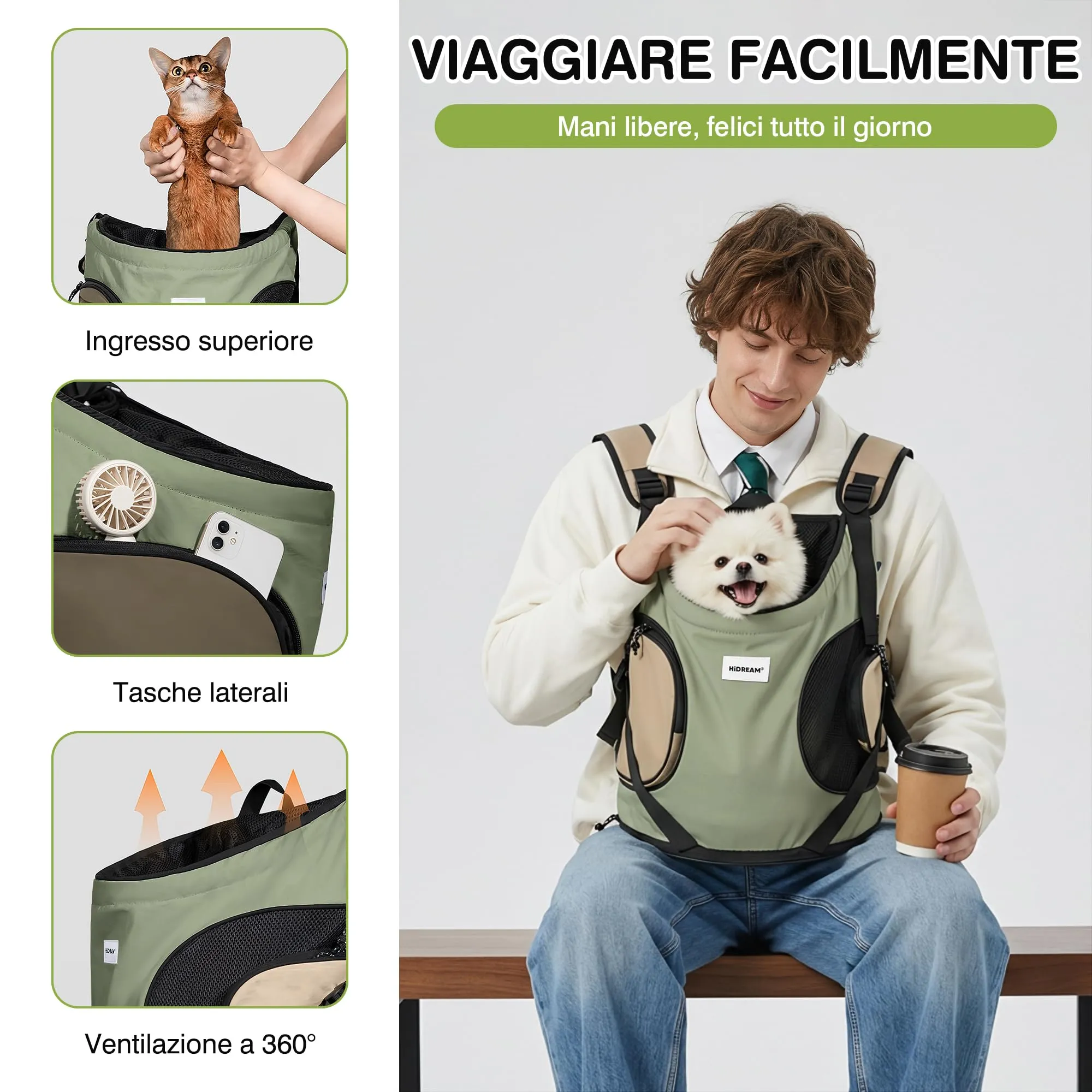 ALLSOPETS Zaino Frontale per Cani e Gatti, Porta Cane, Verde Oliva - immagine 3