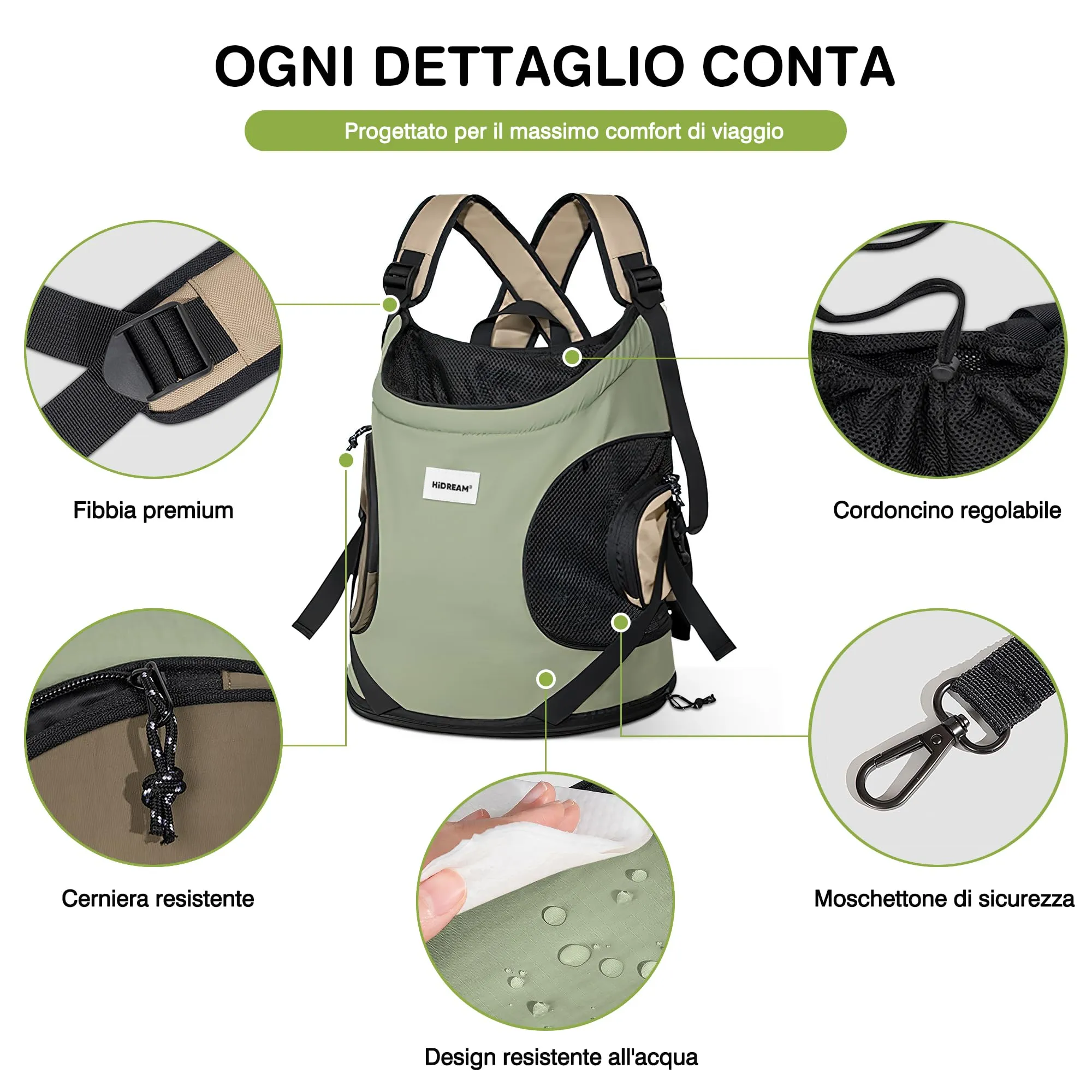 ALLSOPETS Zaino Frontale per Cani e Gatti, Porta Cane, Verde Oliva - immagine 4
