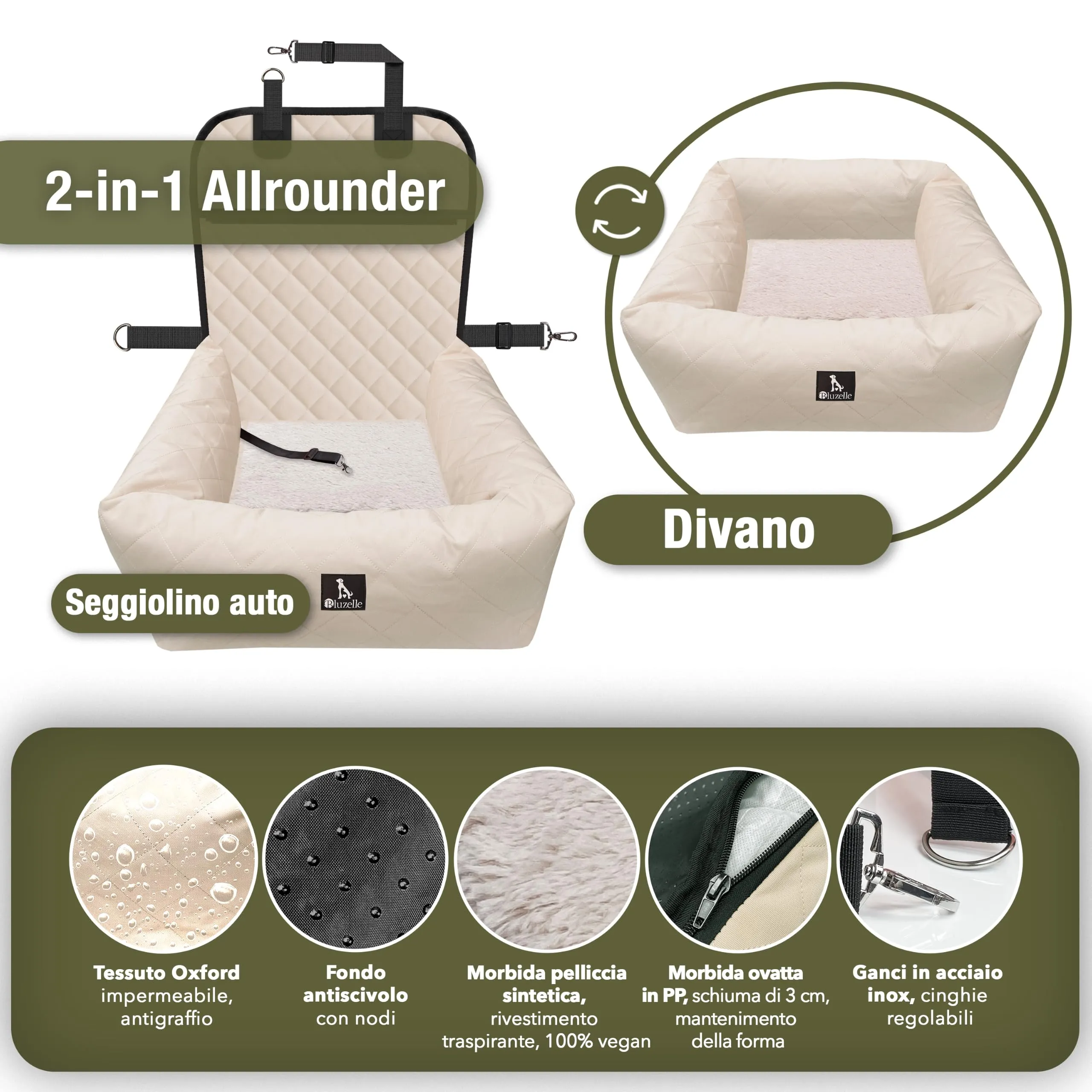 BLUZELLE Seggiolino Auto per Cani & Cuccia 2-in-1, Beige - immagine 7