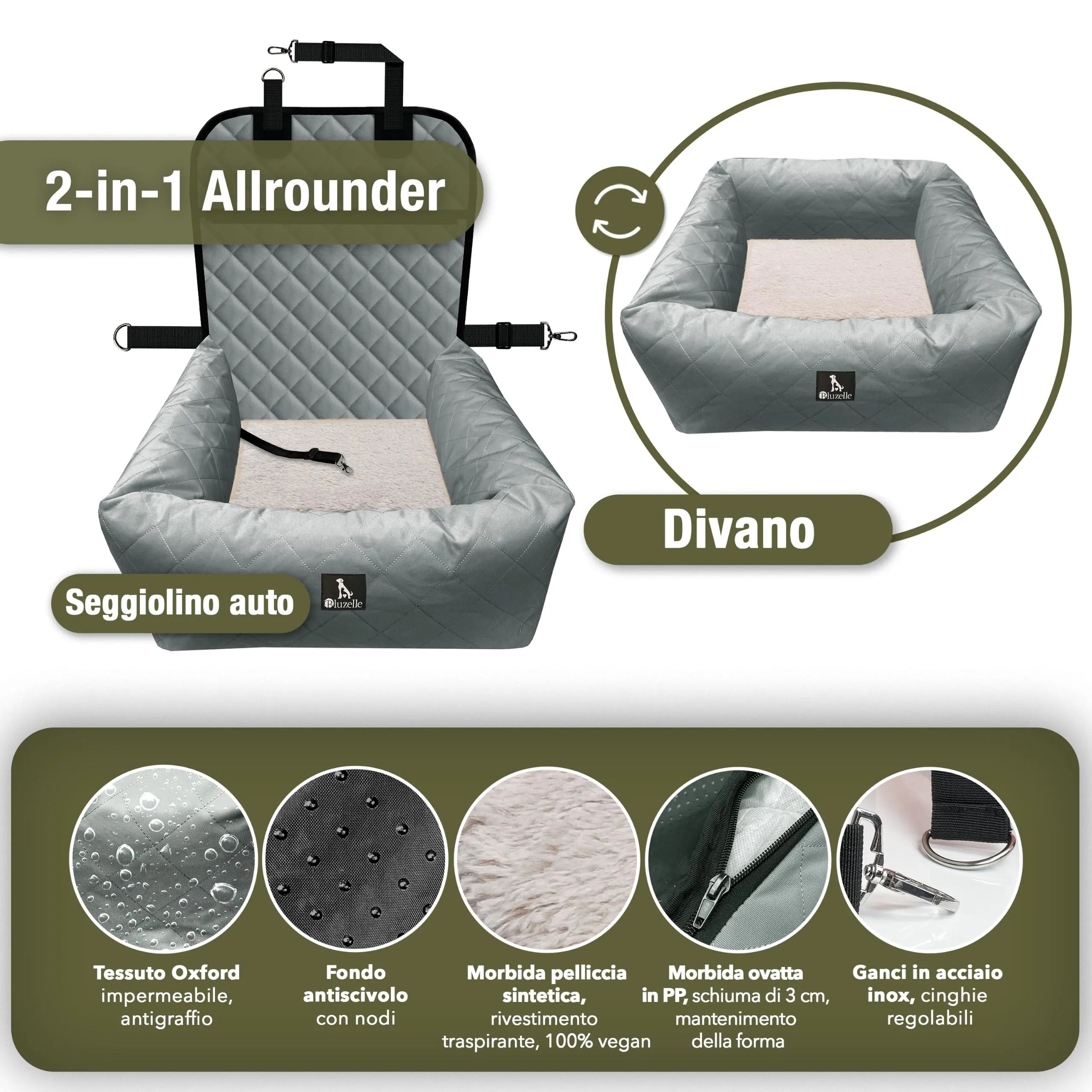 BLUZELLE Seggiolino Auto per Cani & Cuccia 2-in-1, Grigio - immagine 7