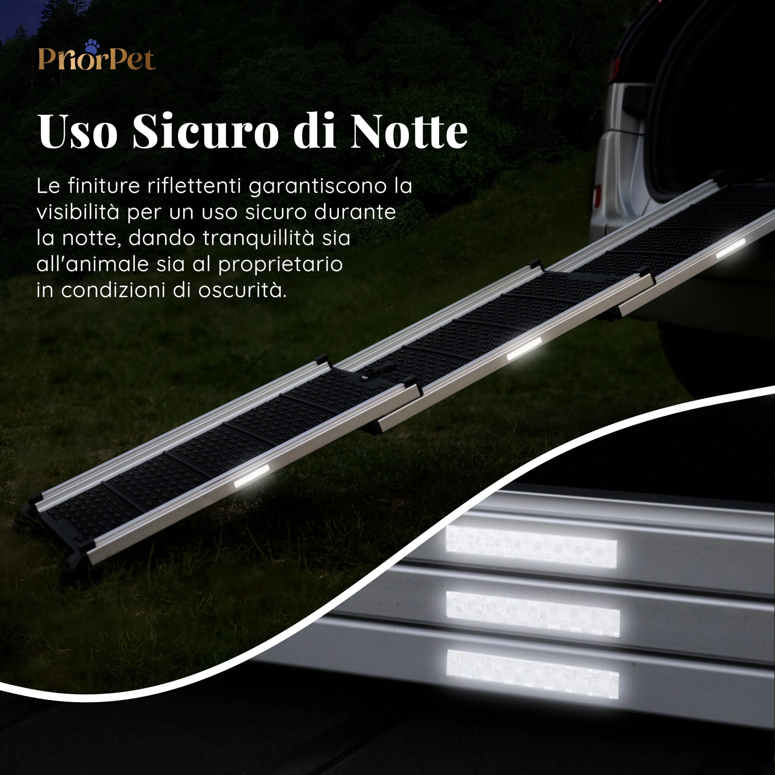 Rampa per Cani per Auto, SUV – Rampe Telescopiche Estensibili per Cani di Grossa Taglia – STABILI – ANTISCIVOLO – Sicurezza Notturna Lati Riflettenti – Capacità 90 kg – Clip di Bloccaggio – Nero - immagine 2