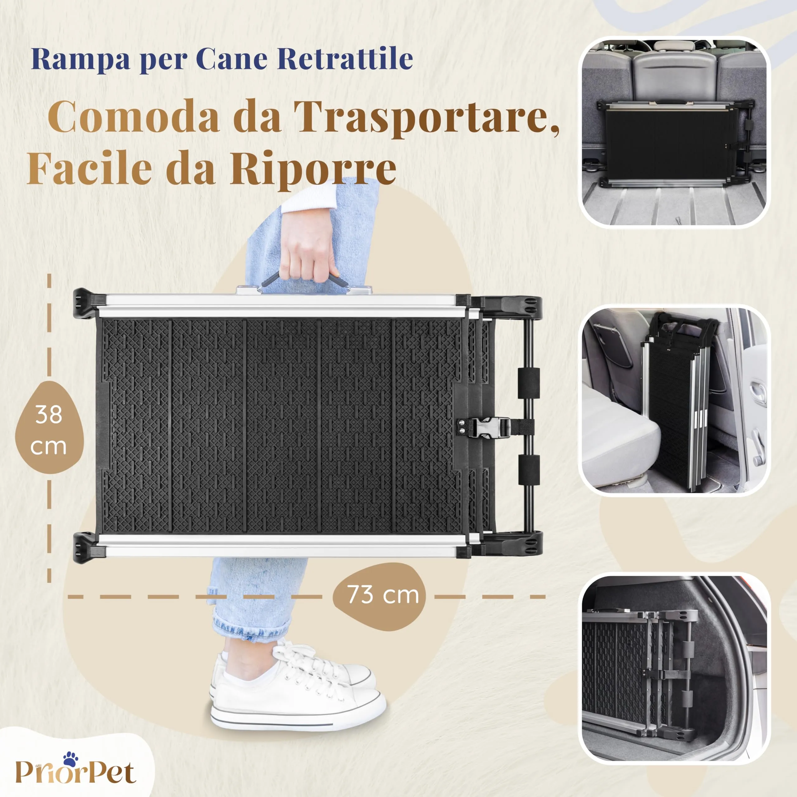 Rampa per Cani per Auto, SUV – Rampe Telescopiche Estensibili per Cani di Grossa Taglia – STABILI – ANTISCIVOLO – Sicurezza Notturna Lati Riflettenti – Capacità 90 kg – Clip di Bloccaggio – Nero - immagine 3