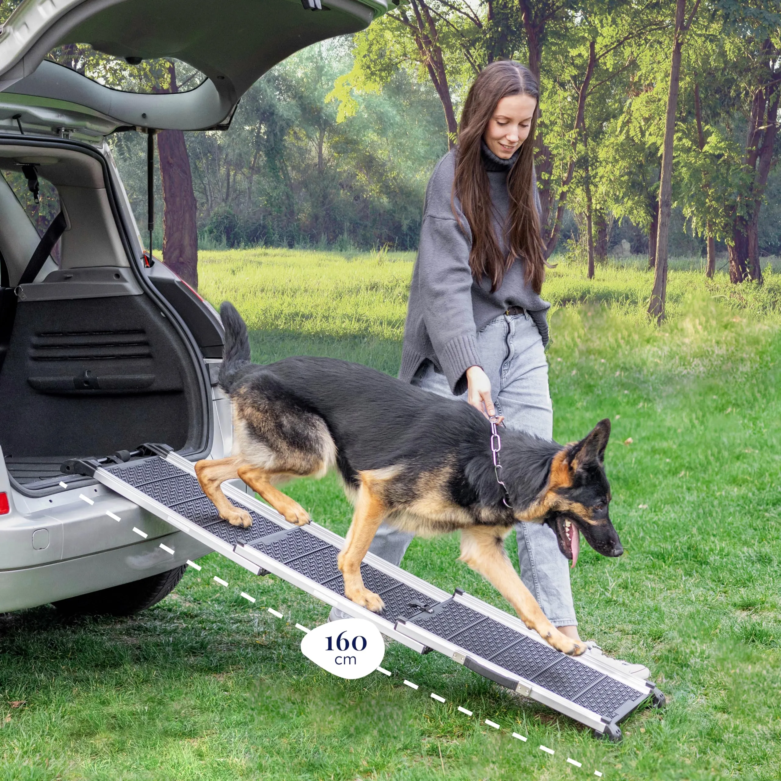 Rampa per Cani per Auto, SUV – Rampe Telescopiche Estensibili per Cani di Grossa Taglia – STABILI – ANTISCIVOLO – Sicurezza Notturna Lati Riflettenti – Capacità 90 kg – Clip di Bloccaggio – Nero - immagine 7