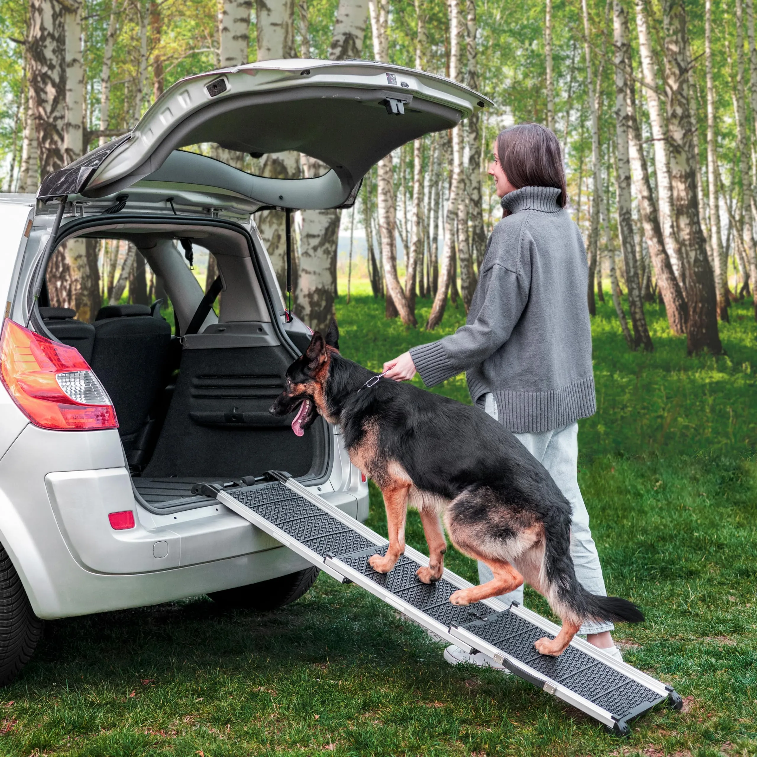 Rampa per Cani per Auto, SUV – Rampe Telescopiche Estensibili per Cani di Grossa Taglia – STABILI – ANTISCIVOLO – Sicurezza Notturna Lati Riflettenti – Capacità 90 kg – Clip di Bloccaggio – Nero - immagine 11