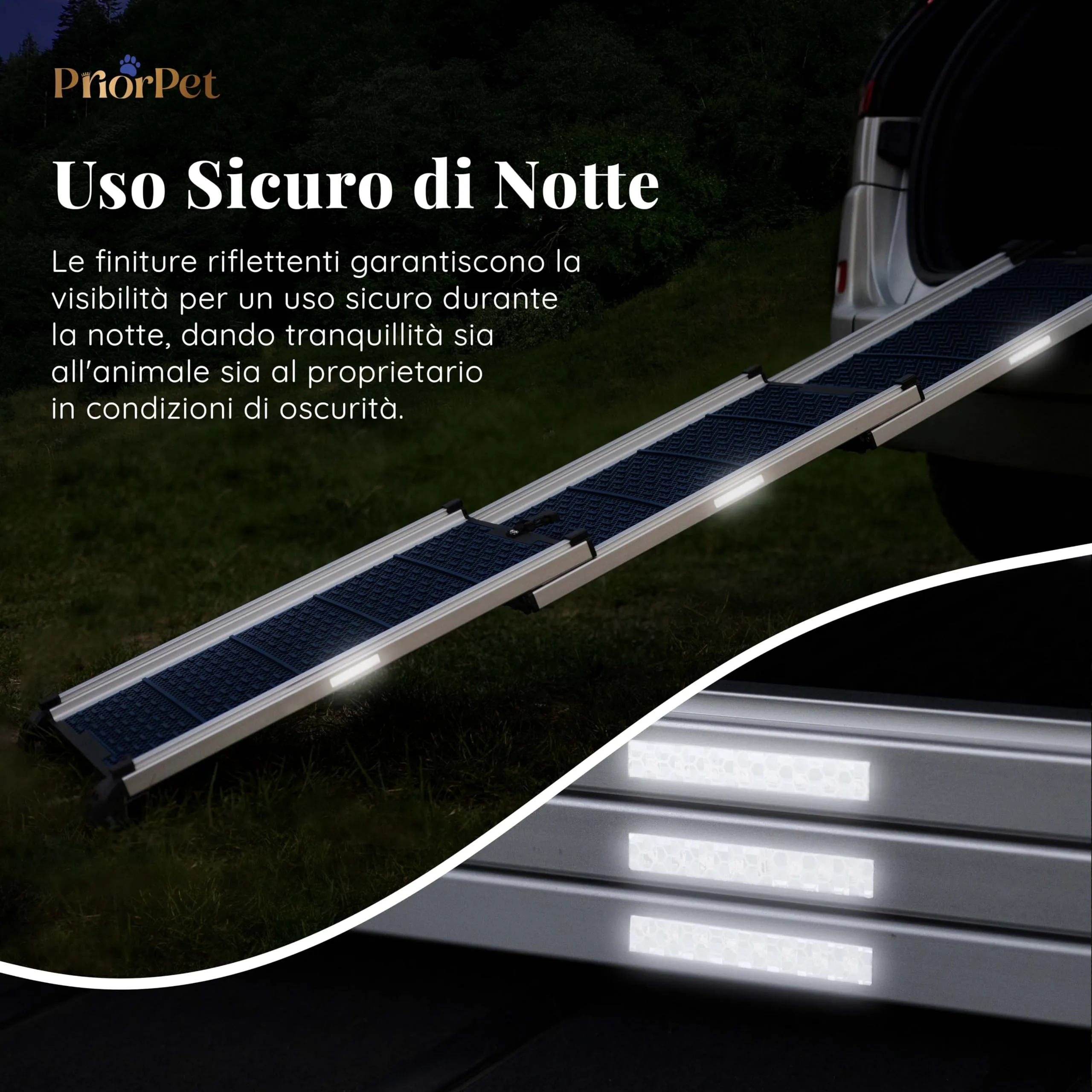 Rampa per Cani per Auto, SUV – Rampe Telescopiche Estensibili per Cani di Grossa Taglia – STABILI – ANTISCIVOLO – Sicurezza Notturna Lati Riflettenti – Capacità 90 kg – Clip di Bloccaggio – Blu - immagine 2