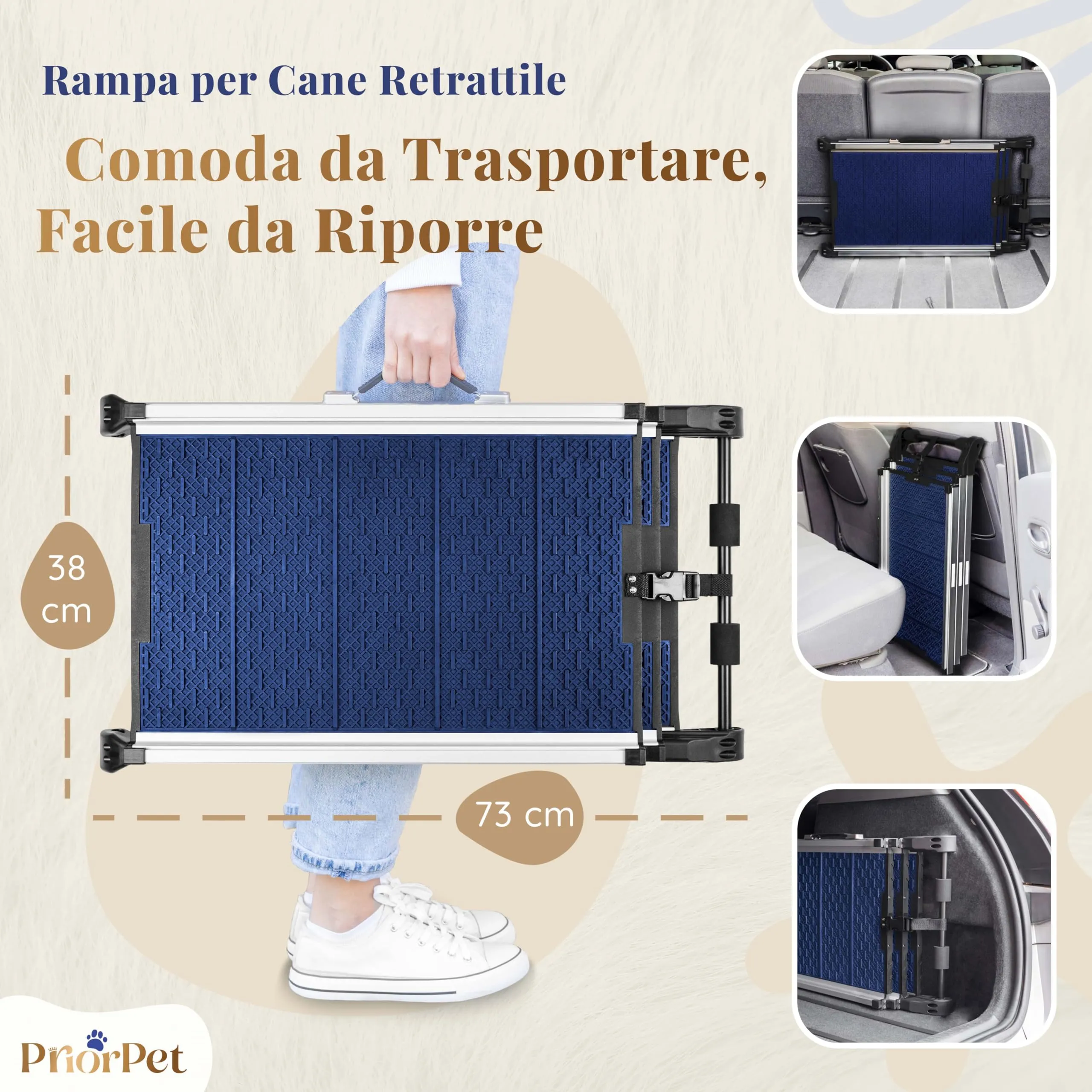 Rampa per Cani per Auto, SUV – Rampe Telescopiche Estensibili per Cani di Grossa Taglia – STABILI – ANTISCIVOLO – Sicurezza Notturna Lati Riflettenti – Capacità 90 kg – Clip di Bloccaggio – Blu - immagine 3