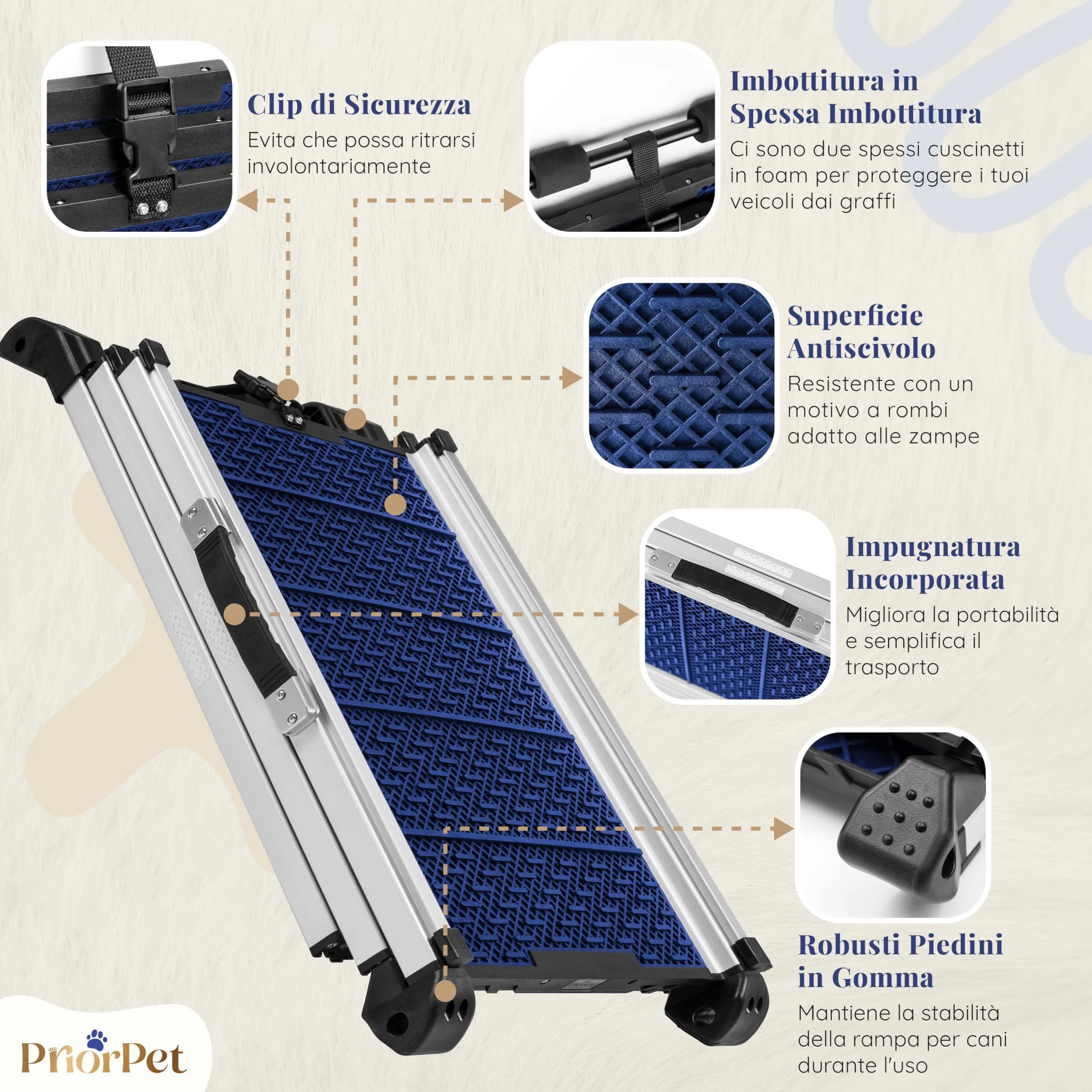 Rampa per Cani per Auto, SUV – Rampe Telescopiche Estensibili per Cani di Grossa Taglia – STABILI – ANTISCIVOLO – Sicurezza Notturna Lati Riflettenti – Capacità 90 kg – Clip di Bloccaggio – Blu - immagine 4
