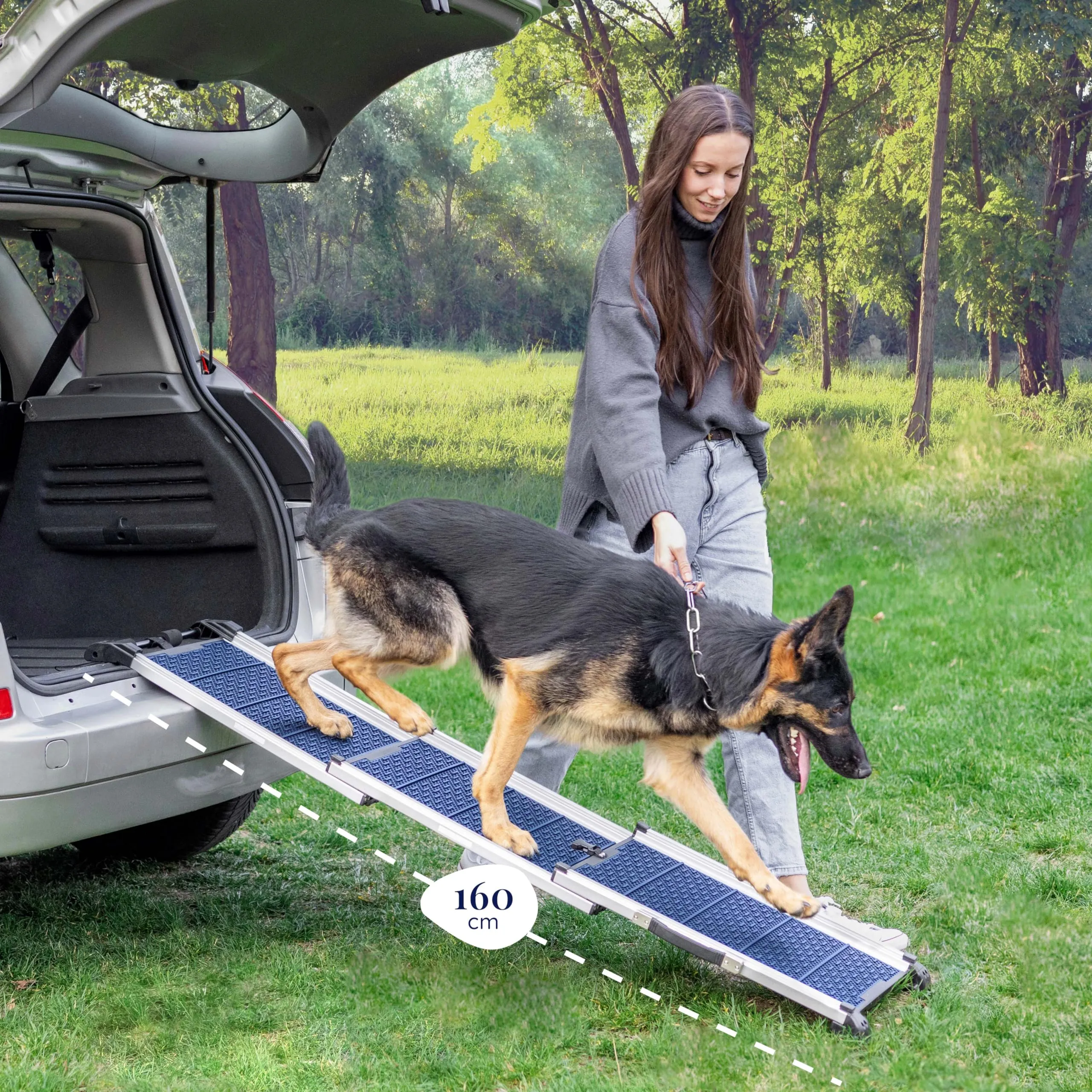 Rampa per Cani per Auto, SUV – Rampe Telescopiche Estensibili per Cani di Grossa Taglia – STABILI – ANTISCIVOLO – Sicurezza Notturna Lati Riflettenti – Capacità 90 kg – Clip di Bloccaggio – Blu - immagine 7