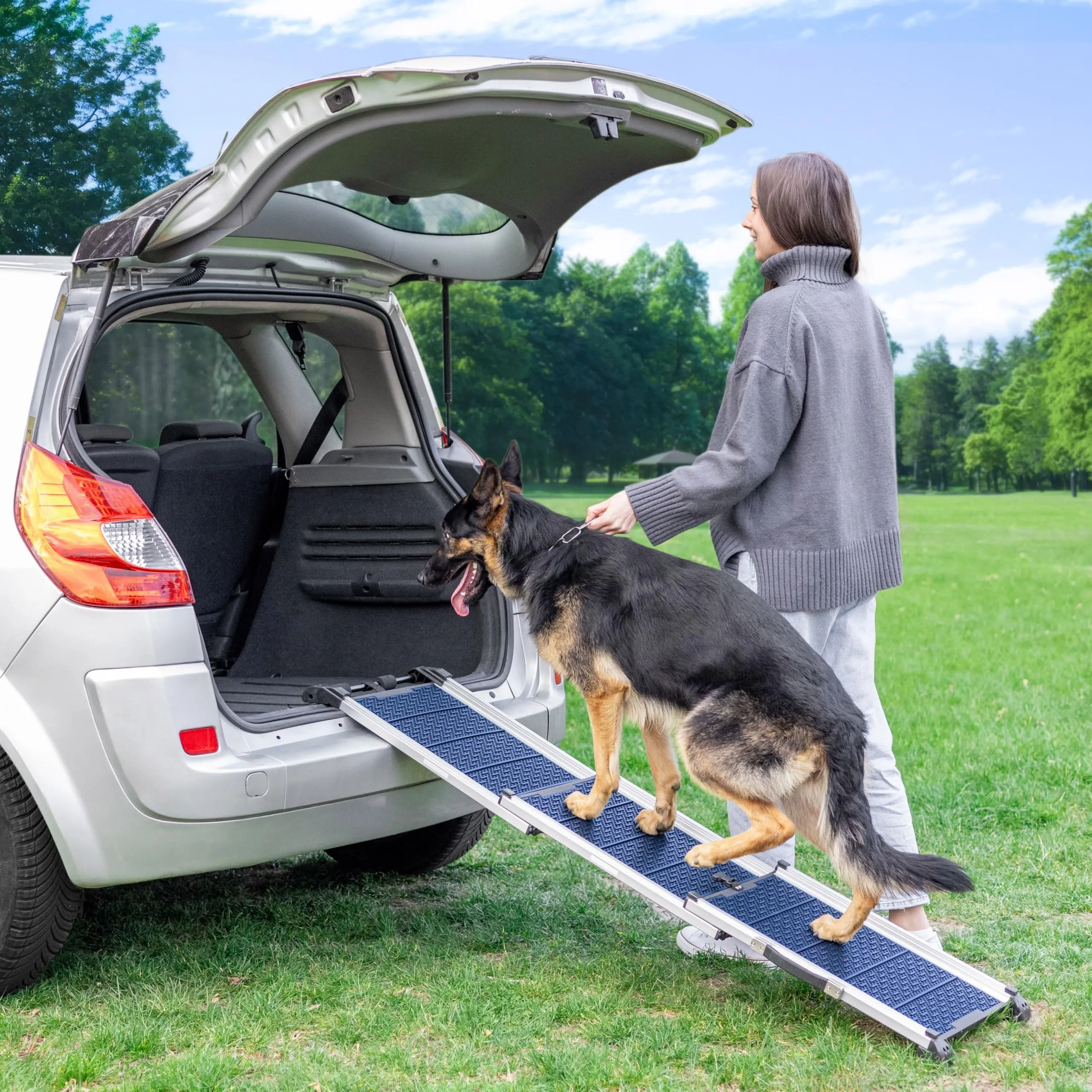 Rampa per Cani per Auto, SUV – Rampe Telescopiche Estensibili per Cani di Grossa Taglia – STABILI – ANTISCIVOLO – Sicurezza Notturna Lati Riflettenti – Capacità 90 kg – Clip di Bloccaggio – Blu - immagine 8