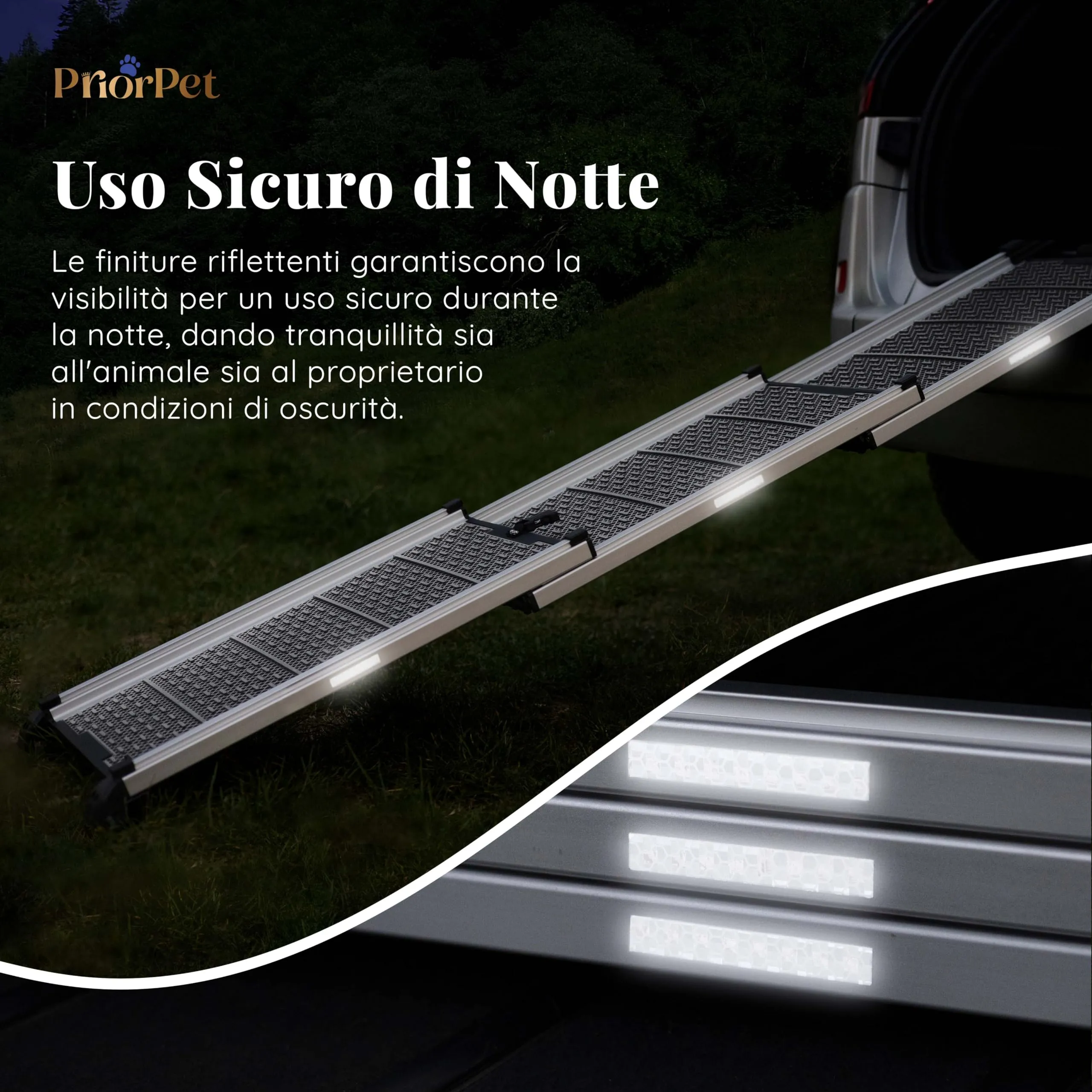 Rampa per Cani per Auto, SUV – Rampe Telescopiche Estensibili per Cani di Grossa Taglia – STABILI – ANTISCIVOLO – Sicurezza Notturna Lati Riflettenti – Capacità 90 kg – Clip di Bloccaggio – Grigio - immagine 2