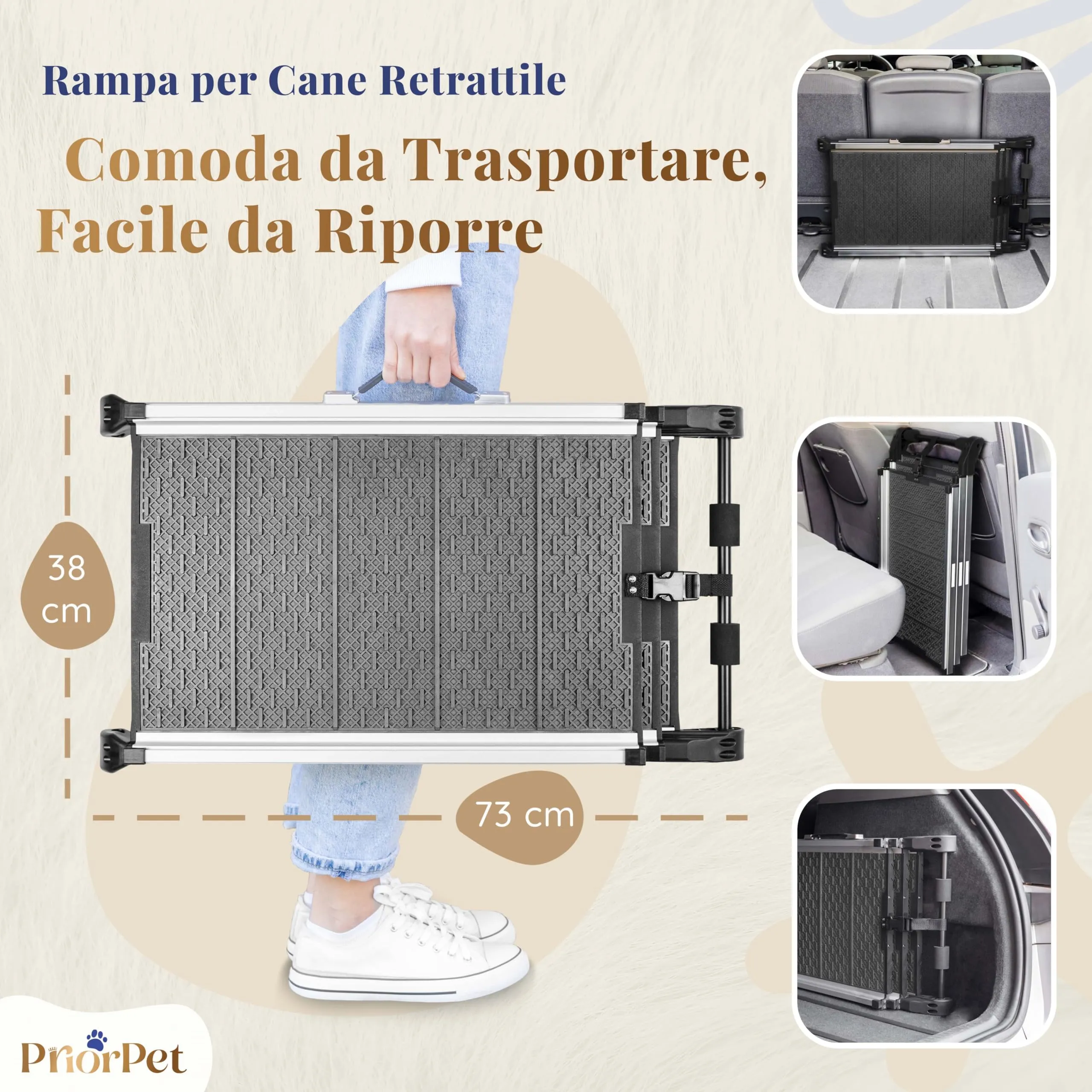 Rampa per Cani per Auto, SUV – Rampe Telescopiche Estensibili per Cani di Grossa Taglia – STABILI – ANTISCIVOLO – Sicurezza Notturna Lati Riflettenti – Capacità 90 kg – Clip di Bloccaggio – Grigio - immagine 3