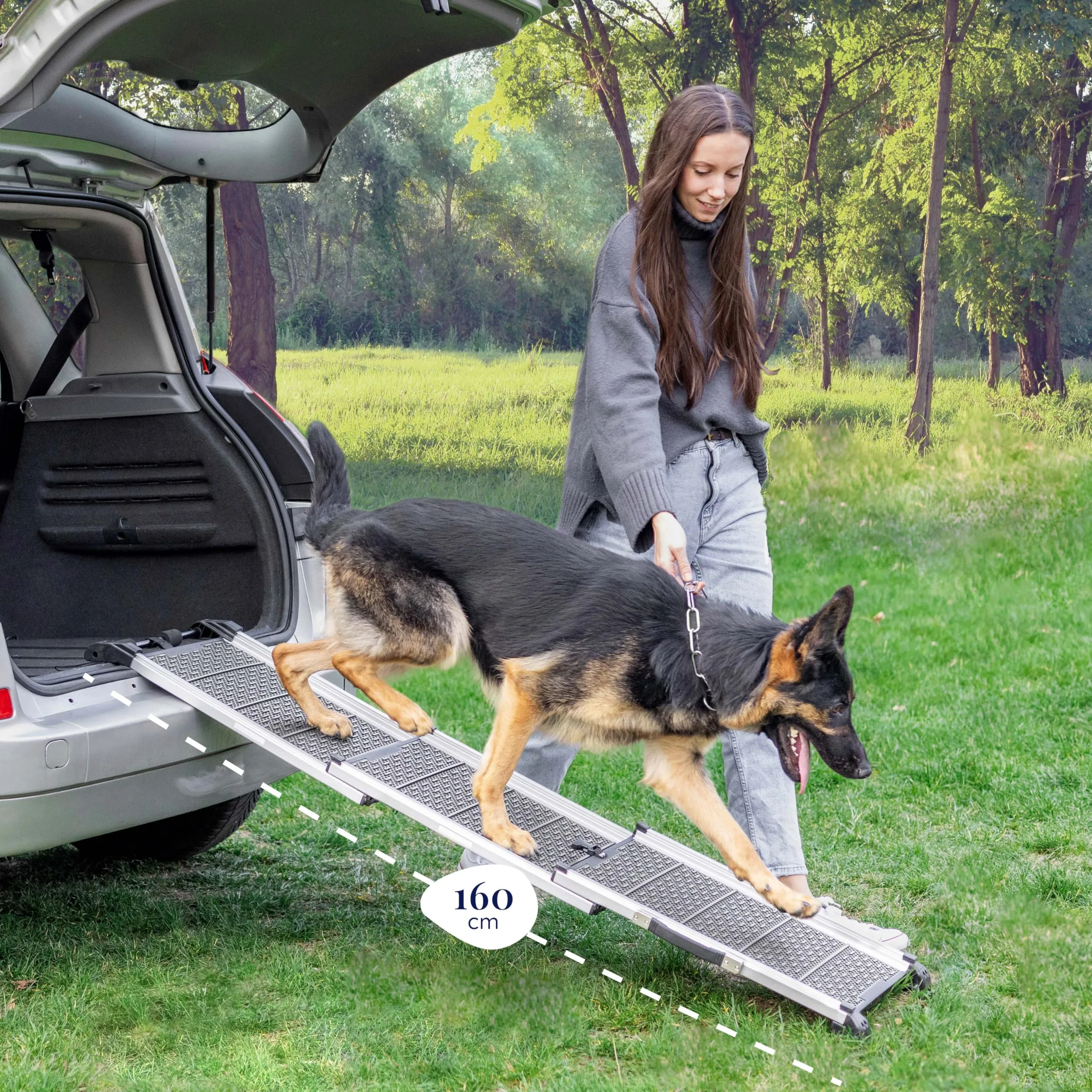 Rampa per Cani per Auto, SUV – Rampe Telescopiche Estensibili per Cani di Grossa Taglia – STABILI – ANTISCIVOLO – Sicurezza Notturna Lati Riflettenti – Capacità 90 kg – Clip di Bloccaggio – Grigio - immagine 7
