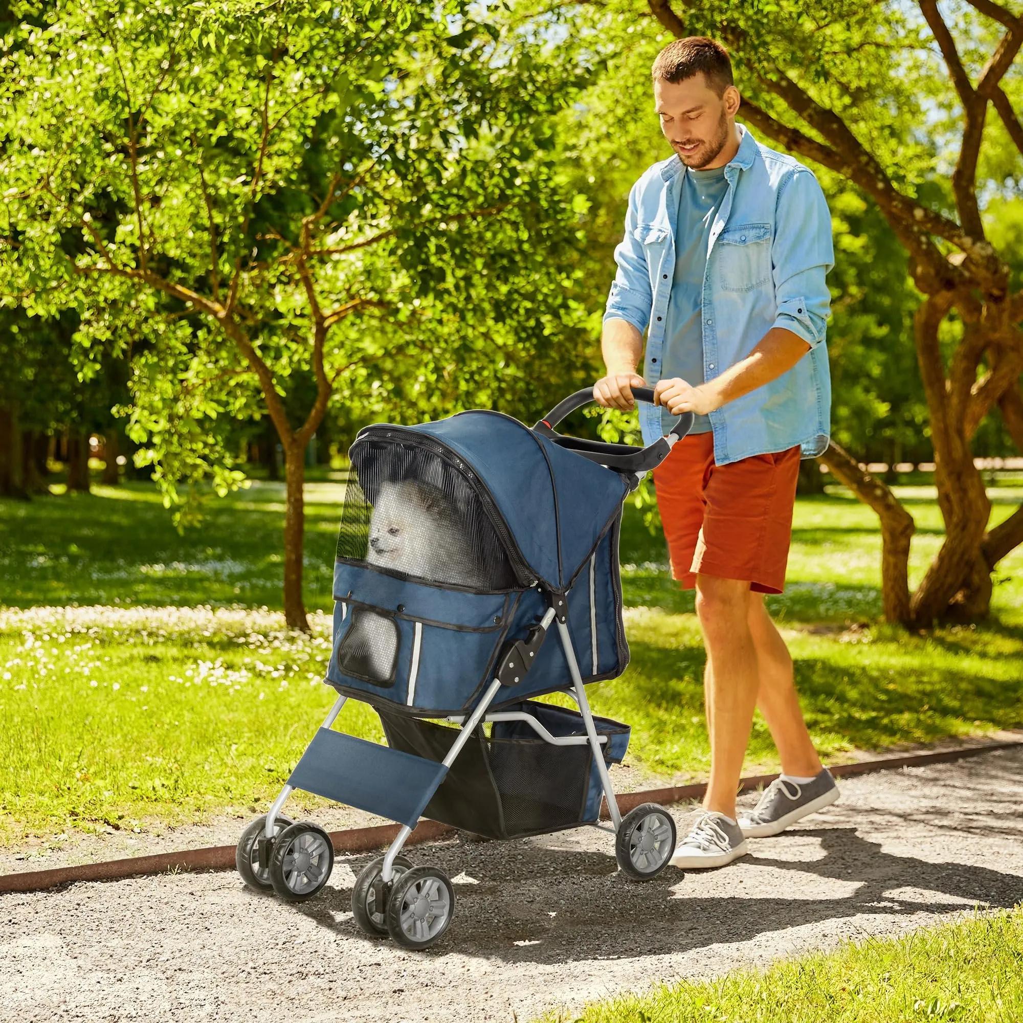PawHut Passeggino per Cani 10kg Pieghevole Blu Scuro - immagine 2