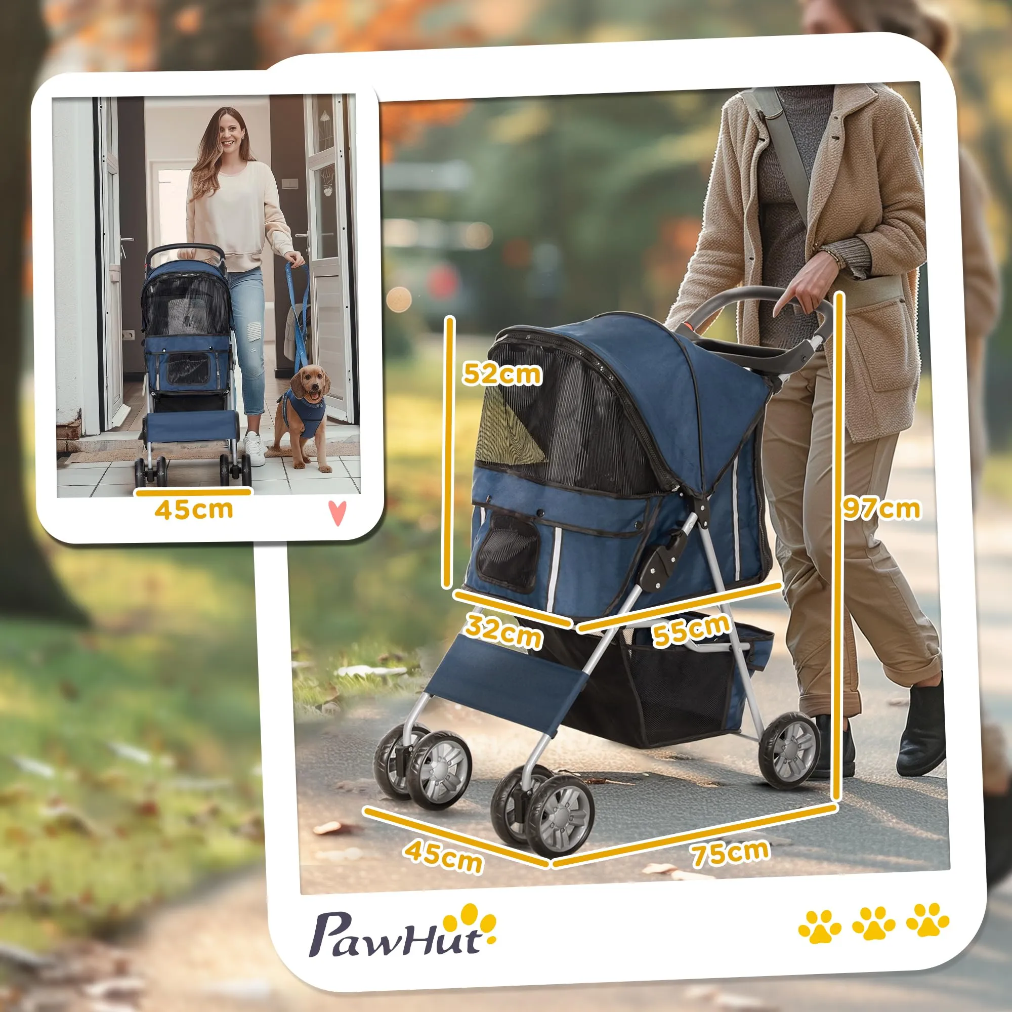 PawHut Passeggino per Cani 10kg Pieghevole Blu Scuro - immagine 3
