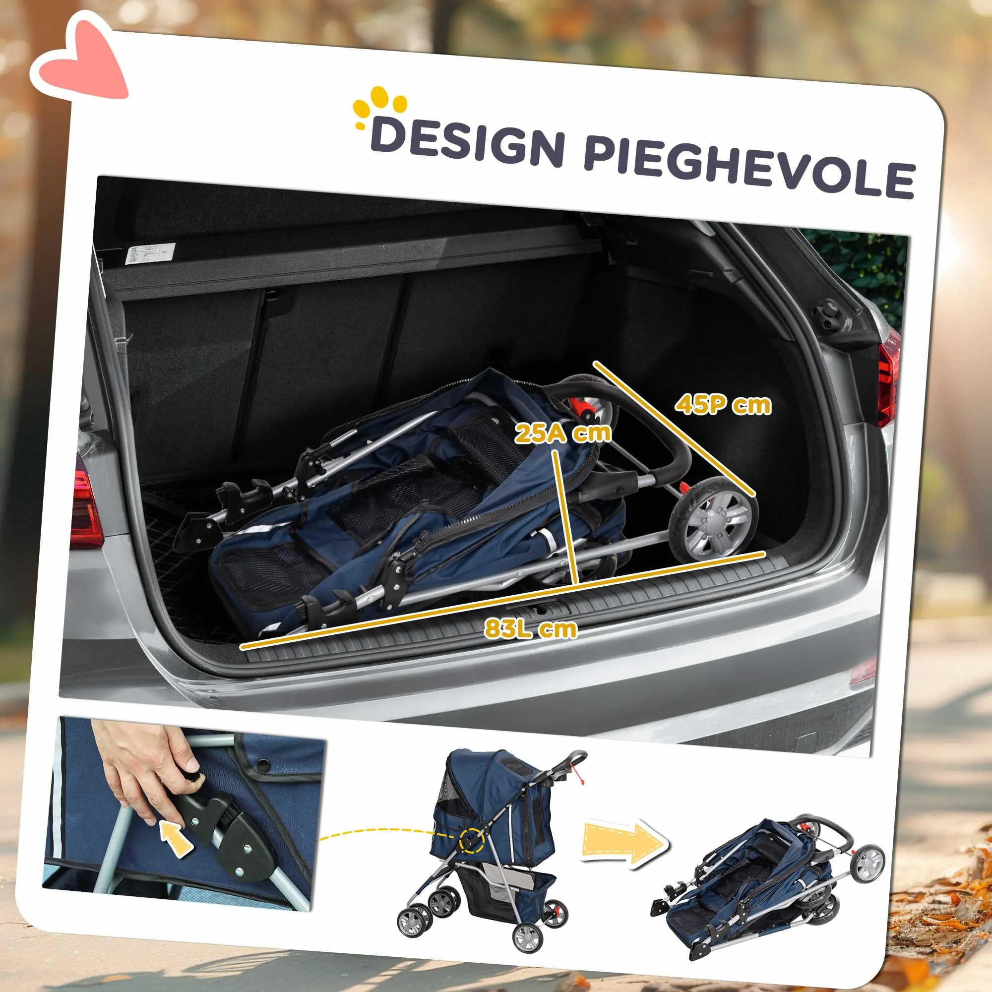 PawHut Passeggino per Cani 10kg Pieghevole Blu Scuro - immagine 5