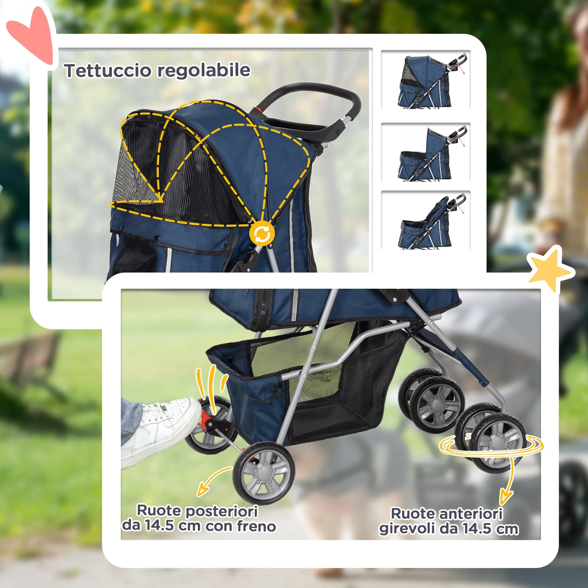 PawHut Passeggino per Cani 10kg Pieghevole Blu Scuro - immagine 6