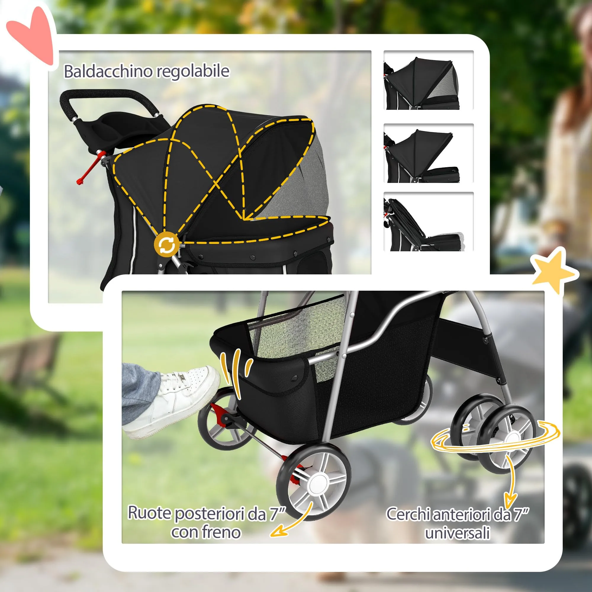 PawHut Passeggino per Cani 10kg Pieghevole Nero - immagine 6