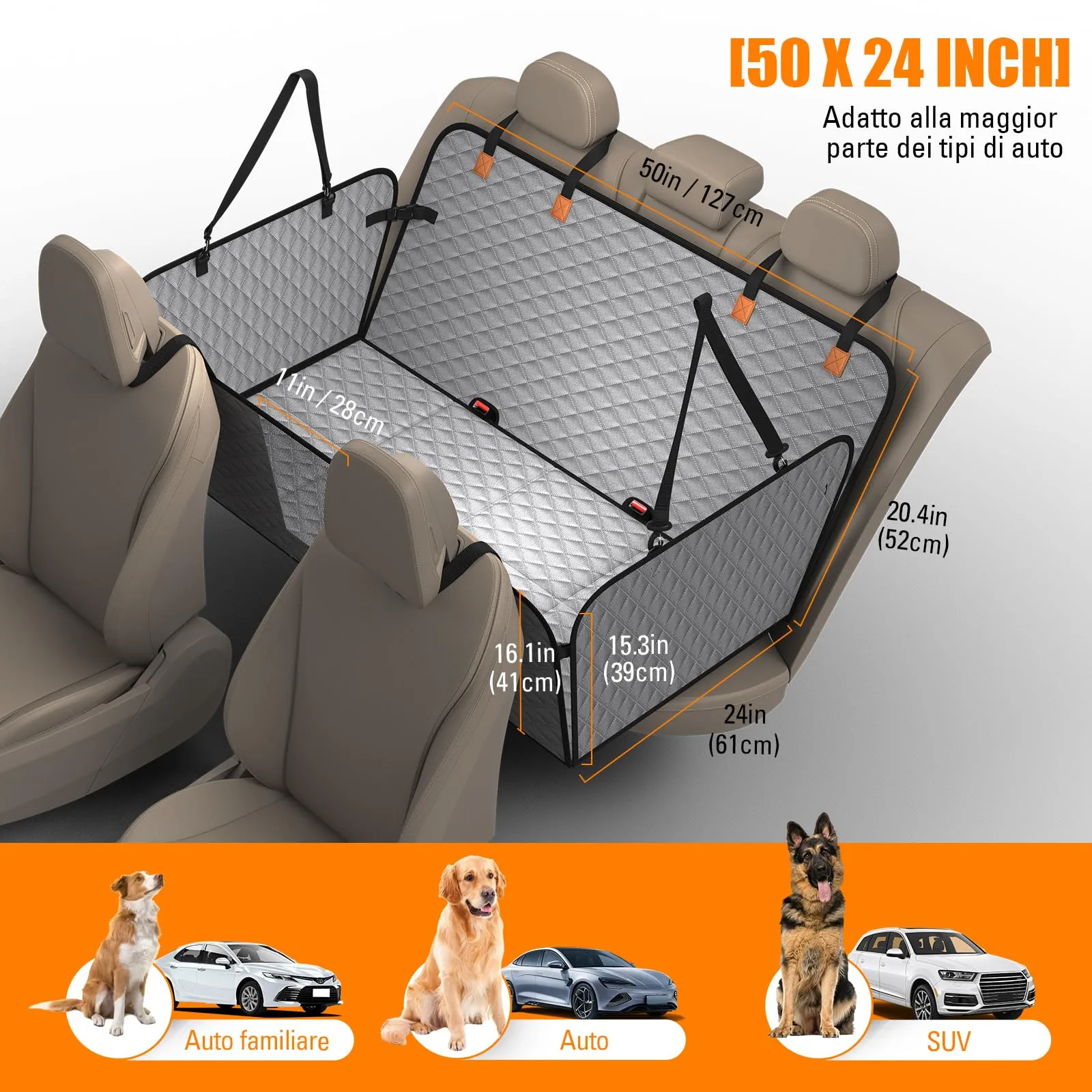 BMaoBBo Telo Auto Per Cani Con Fondo Rigido, Coprisedile Auto Per Cani Impermeabile E Antigraffio, Removibile E Lavabile, Telo Cane Auto Sedili Posteriori Adatto Per Berline Familiari, SUV (grigio) - immagine 6