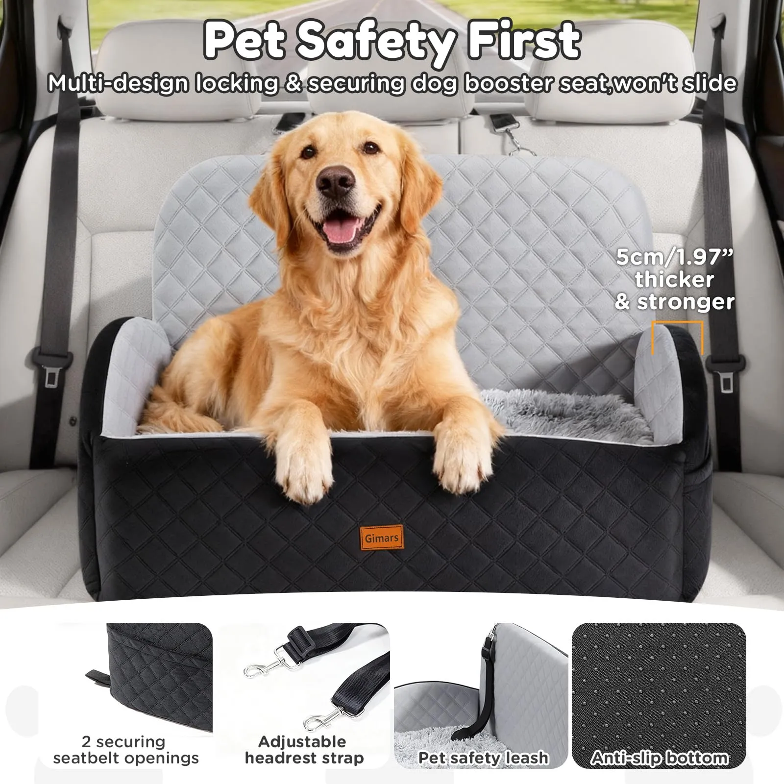 Gimars Reversibile Seggiolino Auto Per Cani conPeluche Lungo/Corto Cuscino sedile Per Cani Piccoli/Medi Fino A 27kg, Sfoderabile Lavabile Trasportino Per Cani Auto Con 13cm 28D Egg-Crate Schiuma, L - immagine 3