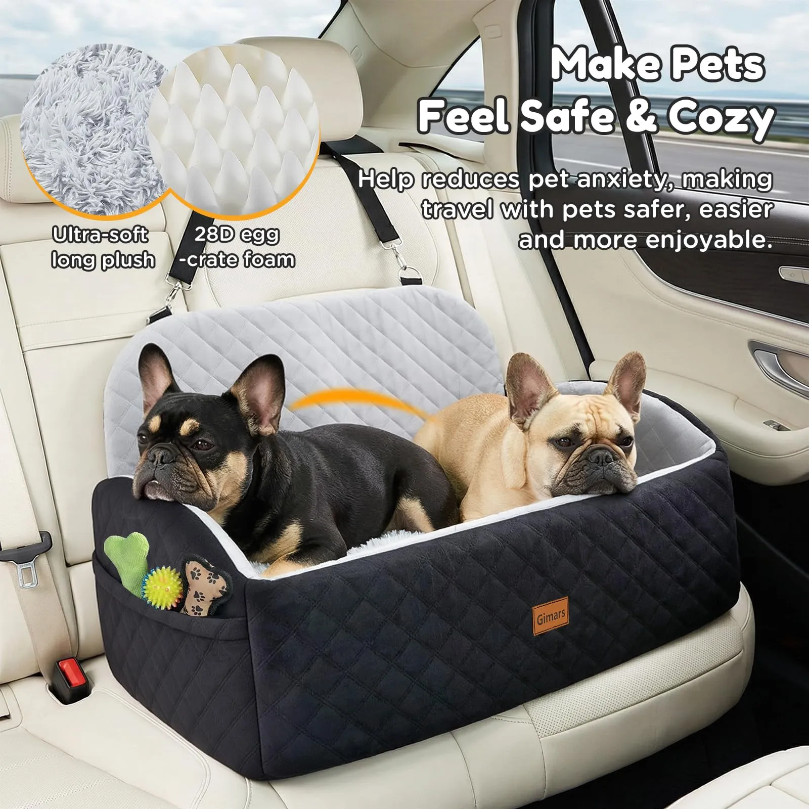 Gimars Reversibile Seggiolino Auto Per Cani conPeluche Lungo/Corto Cuscino sedile Per Cani Piccoli/Medi Fino A 27kg, Sfoderabile Lavabile Trasportino Per Cani Auto Con 13cm 28D Egg-Crate Schiuma, L - immagine 4