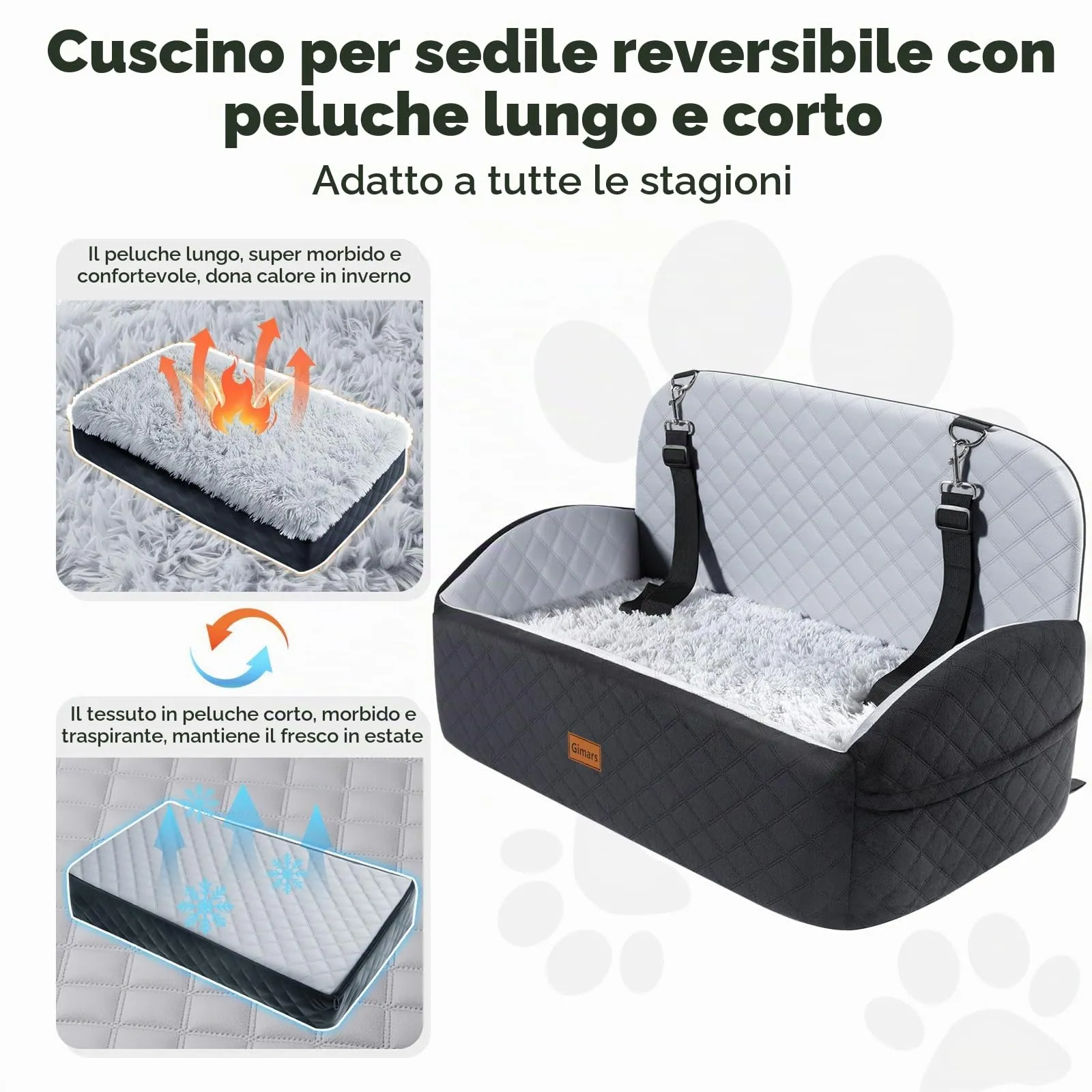 Gimars Reversibile Seggiolino Auto Per Cani conPeluche Lungo/Corto Cuscino sedile Per Cani Piccoli/Medi Fino A 27kg, Sfoderabile Lavabile Trasportino Per Cani Auto Con 13cm 28D Egg-Crate Schiuma, L - immagine 5