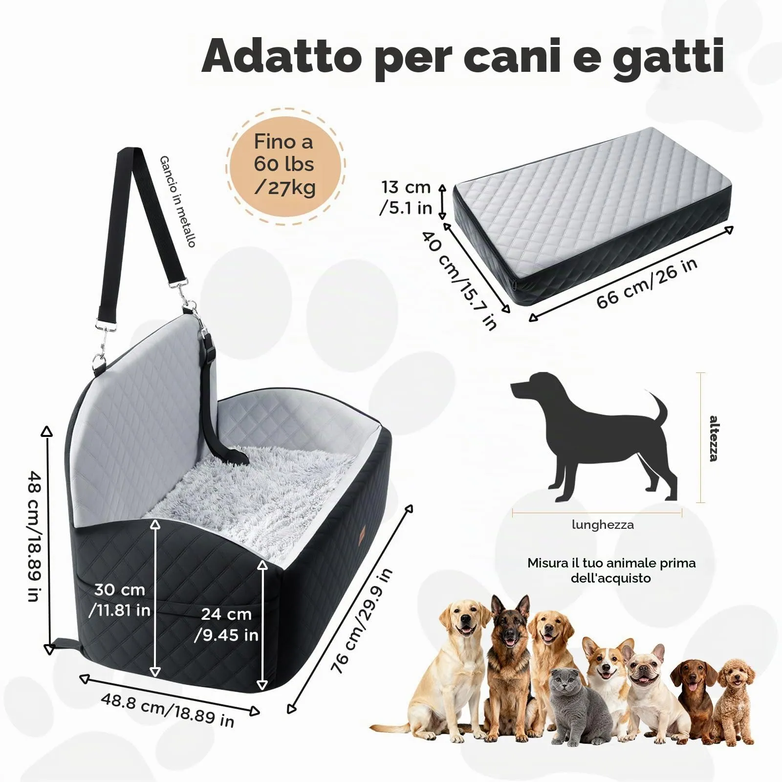 Gimars Reversibile Seggiolino Auto Per Cani conPeluche Lungo/Corto Cuscino sedile Per Cani Piccoli/Medi Fino A 27kg, Sfoderabile Lavabile Trasportino Per Cani Auto Con 13cm 28D Egg-Crate Schiuma, L - immagine 8